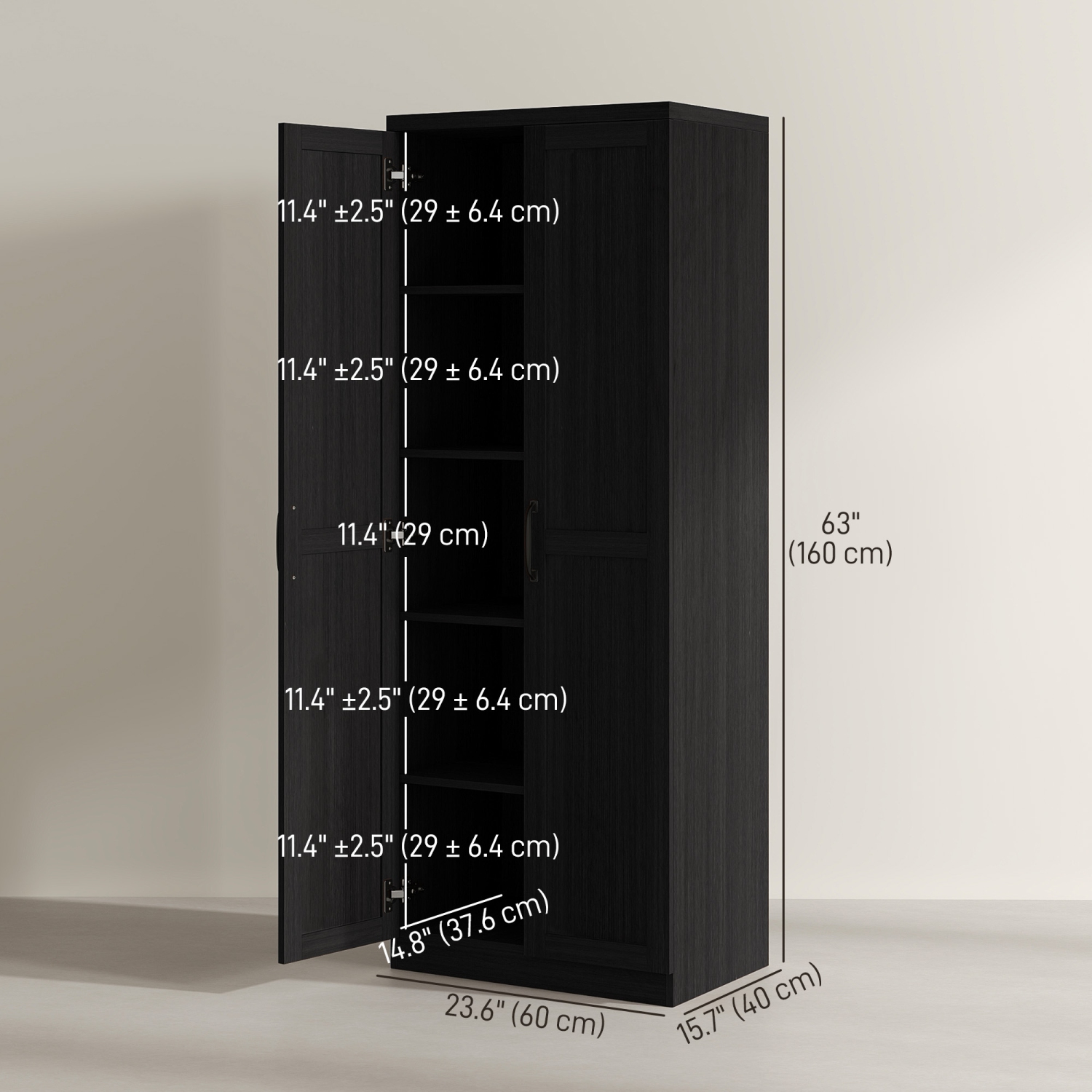 HOMCOM – Armoire garde-manger de 63&nbsp;po avec portes Shaker, armoire de rangement autonome haut moderne avec tablettes réglables, noir