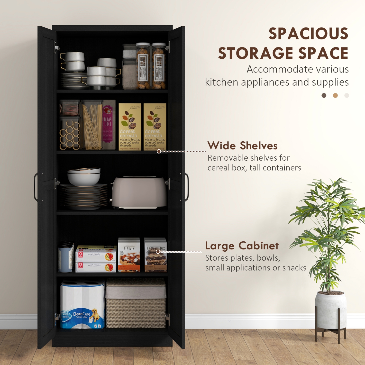 HOMCOM – Armoire garde-manger de 63&nbsp;po avec portes Shaker, armoire de rangement autonome haut moderne avec tablettes réglables, noir
