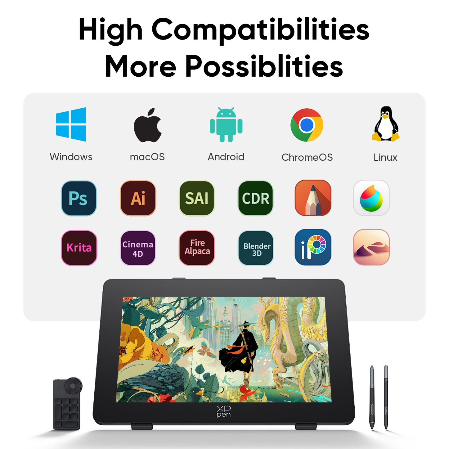 XPPen 23.8'' Large Drawing Monitor Graphic Tablet with 16384 Pen Pressure Stylus Wireless Keyboard