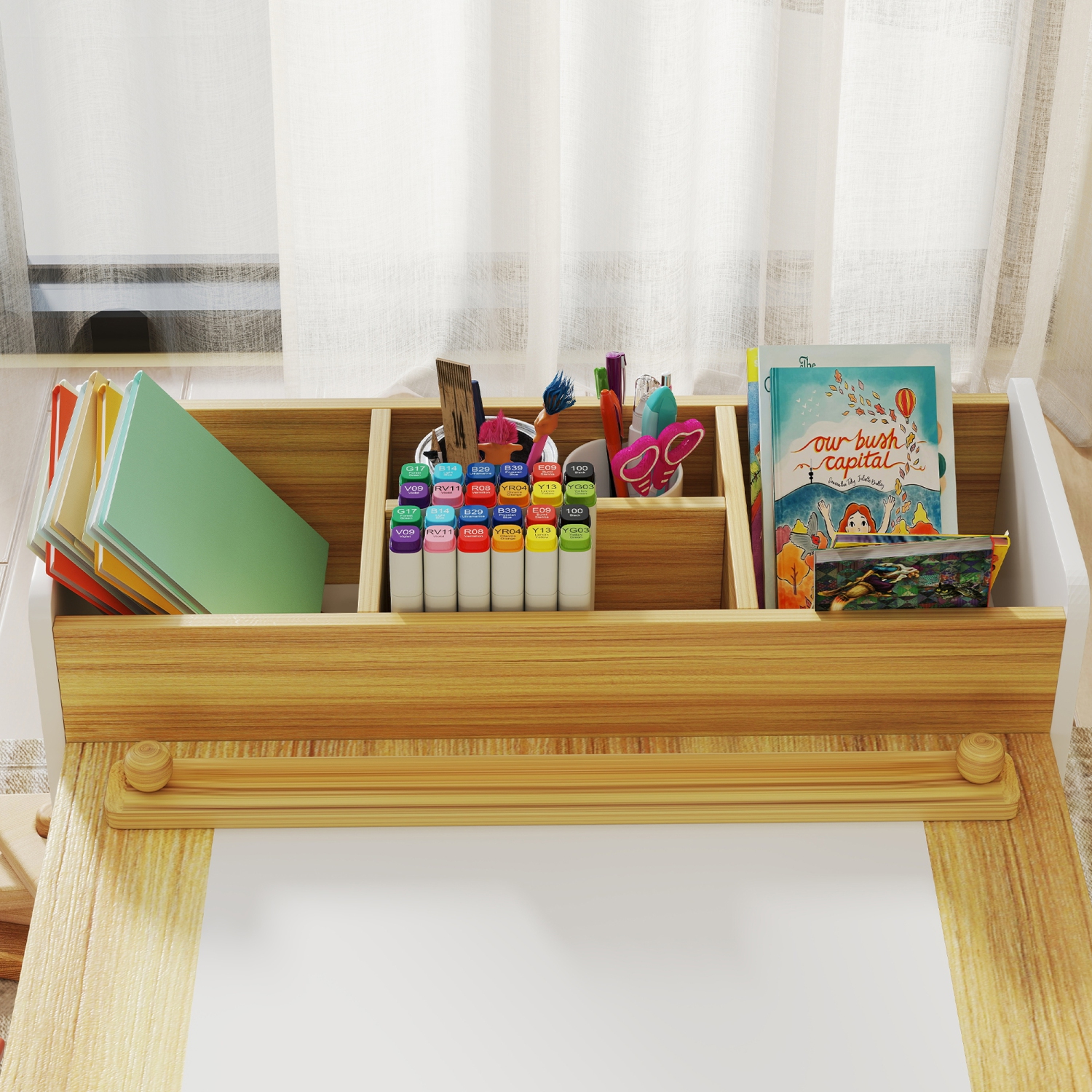 Qaba Kids Table and Chair Set with Paper Roll, Toddler Table and Chair Set with Storage Shelves and Drawers, Art Craft Table for Drawing Writing Aged