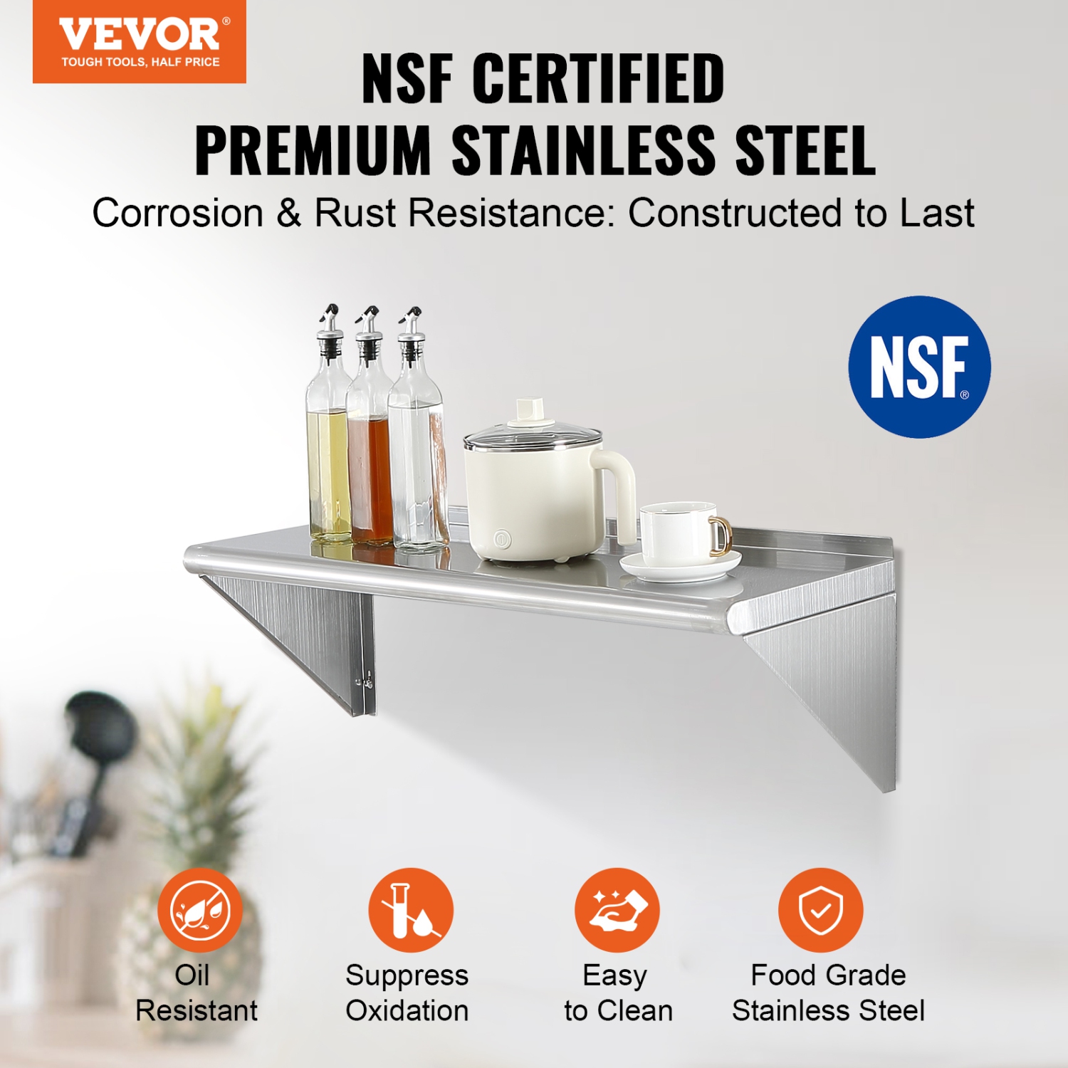 VEVOR 12" x 36" Stainless Steel Shelf with Brackets, 250 lbs Load Capacity Commercial Shelves, Heavy Duty Storage Rack for Restaurant, Kitchen, Bar,