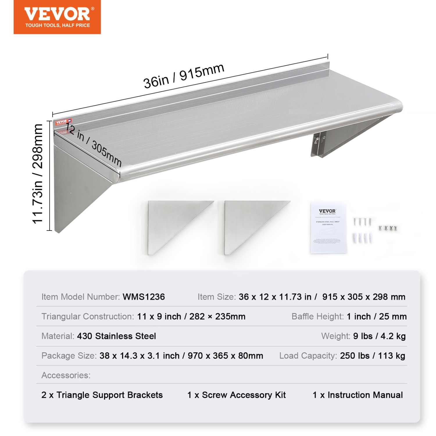 VEVOR 12" x 36" Stainless Steel Shelf with Brackets, 250 lbs Load Capacity Commercial Shelves, Heavy Duty Storage Rack for Restaurant, Kitchen, Bar,