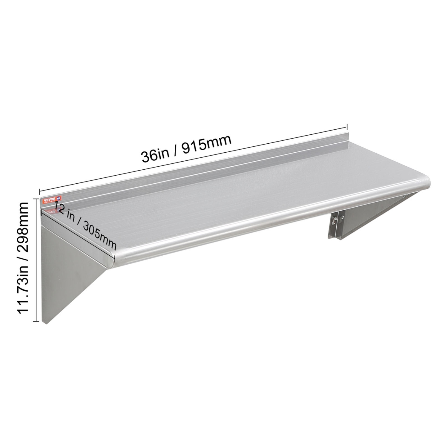 VEVOR 12" x 36" Stainless Steel Shelf with Brackets, 250 lbs Load Capacity Commercial Shelves, Heavy Duty Storage Rack for Restaurant, Kitchen, Bar,