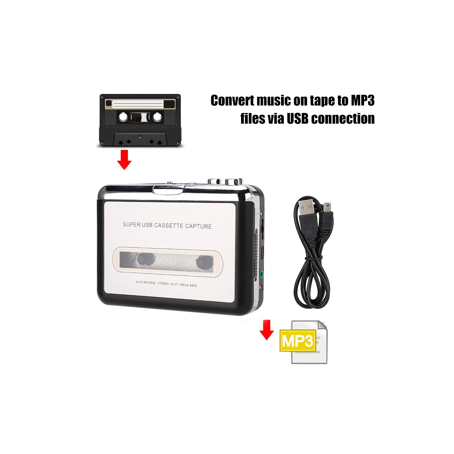 Lecteur de cassettes – Lecteur de cassettes portatif convertissant l'enregistreur de cassettes en format MP3, compatible avec les ordinateurs