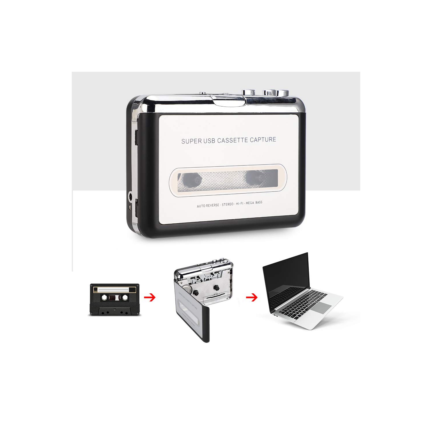 Lecteur de cassettes – Lecteur de cassettes portatif convertissant l'enregistreur de cassettes en format MP3, compatible avec les ordinateurs