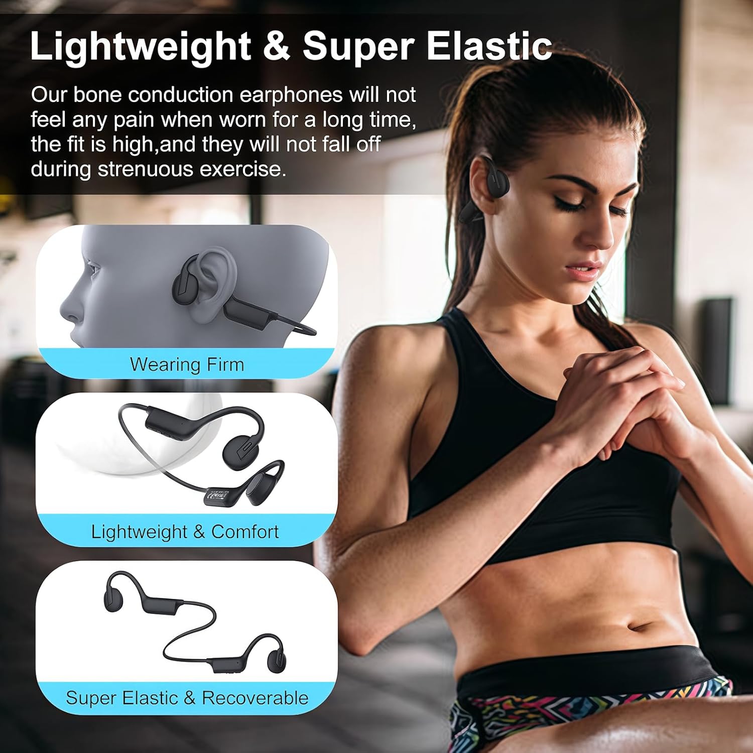 Wireless Bluetooth 5.3 Non-In-Ear Bone Conduction Earphones, Long Battery Life for Calls and Music, IPX5 Waterproof Open-Back Earphones for Running,