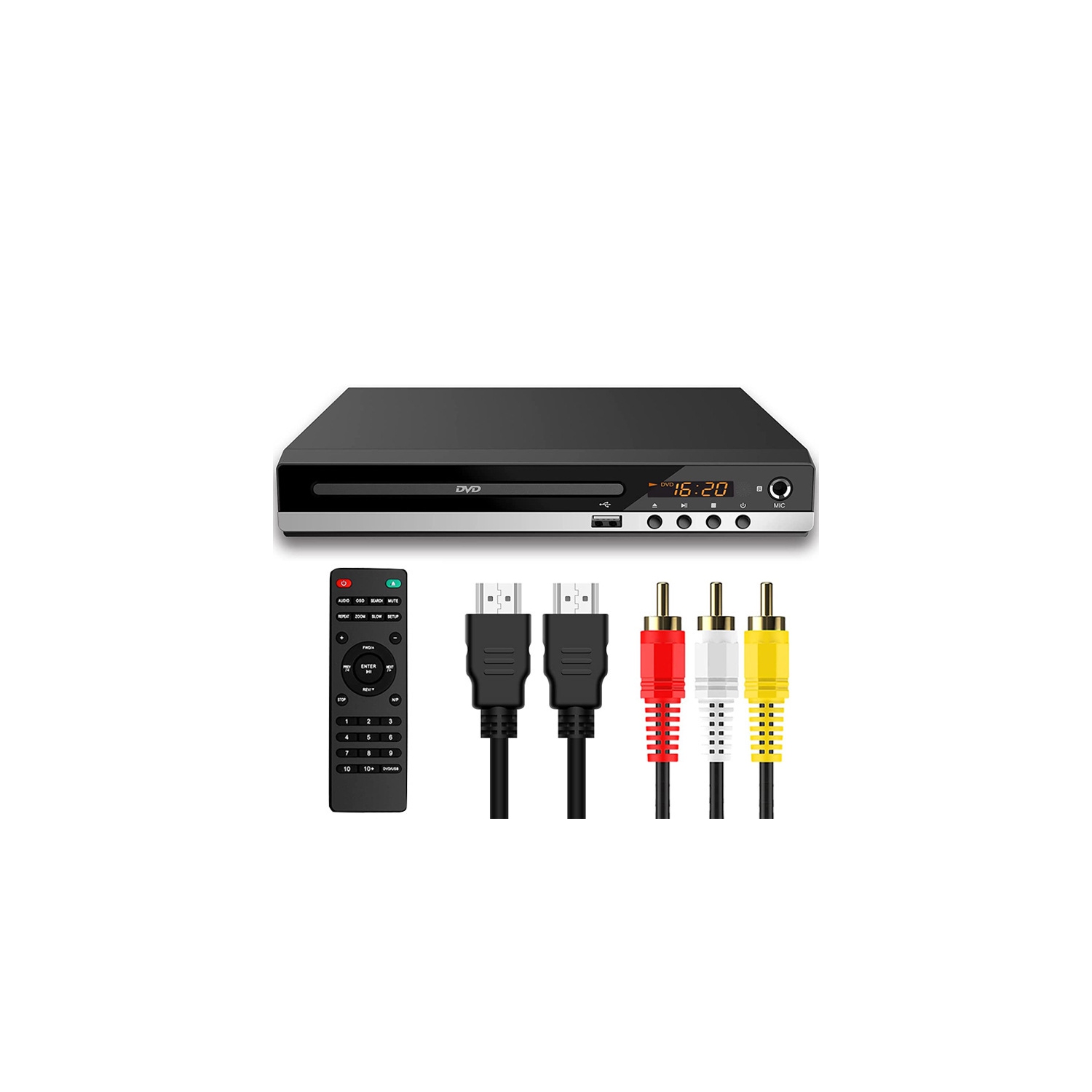 Lecteur DVD, lecteur CD maison avec sorties HD/AV/coaxiales et entrée USB, téléviseur compatible 1080P, câble HDMI/AV et télécommande pour projecteur