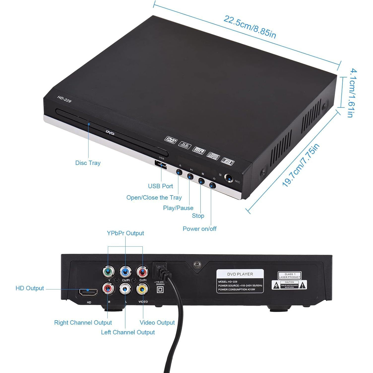 Lecteur DVD, lecteur CD maison avec sorties HD/AV/coaxiales et entrée USB, téléviseur compatible 1080P, câble HDMI/AV et télécommande pour projecteur