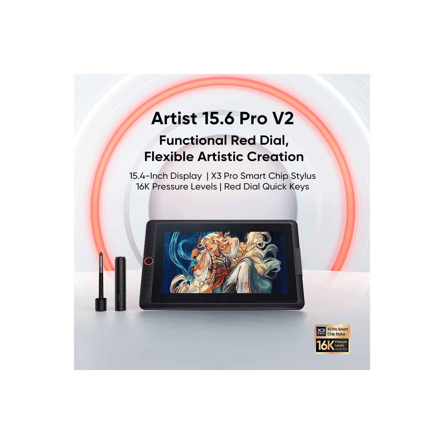 XPPen 15&nbsp;po Nouveau stylet graphique mis à niveau Moniteur Technologie laminée à dessin Écran 16384 15,6 niveaux Stylet