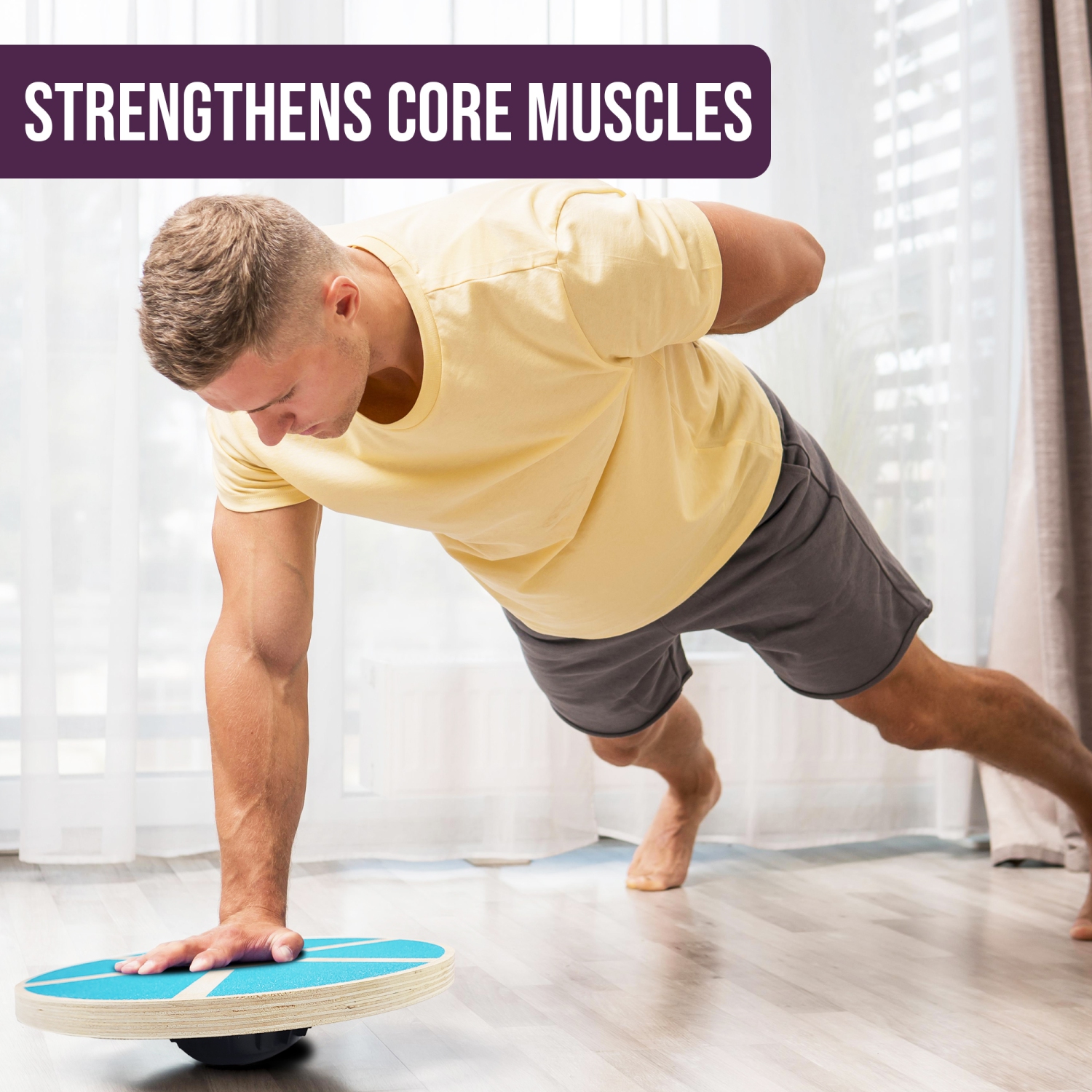 PRISP Wooden Wobble Balance Board - Round Stability Trainer for Standing Desk, Core Exercises, Ankle Training, Home Gym and Fitness; Wood Balancing