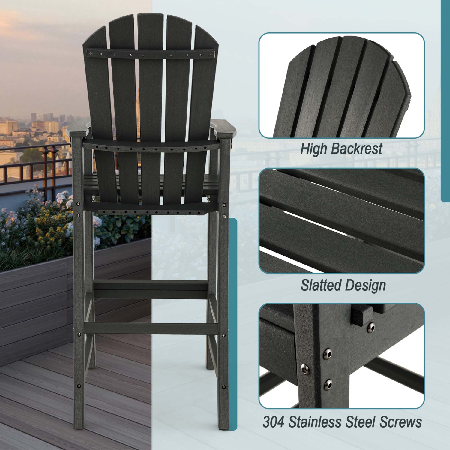 Costway Outdoor HDPE Bar Height Stool Patio Tall Chair Armrest Footrest All Weather