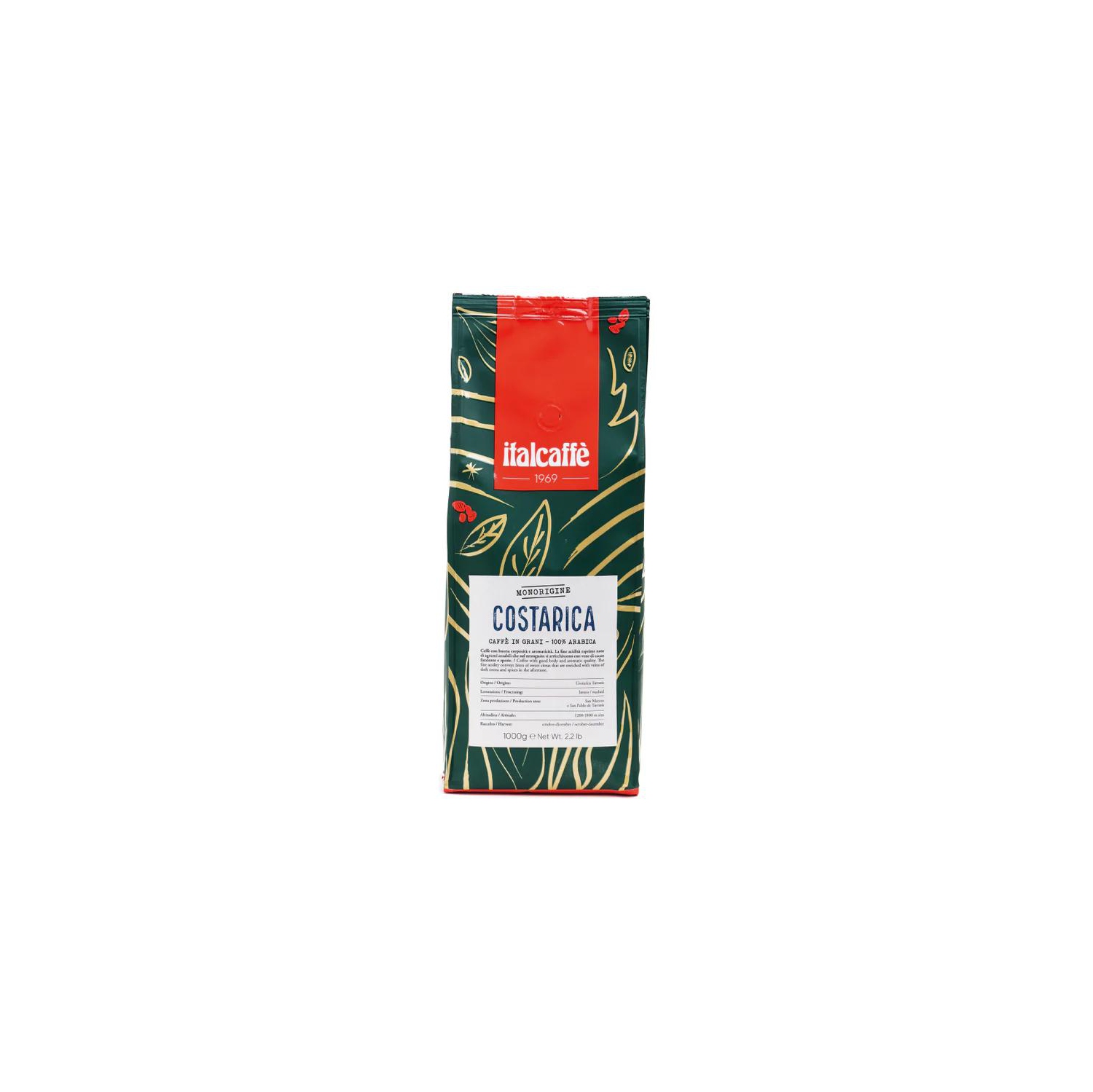 Italcaffe ESPRESSO 100% Arabica Costarica Single Origin Coffee Beans 1kg