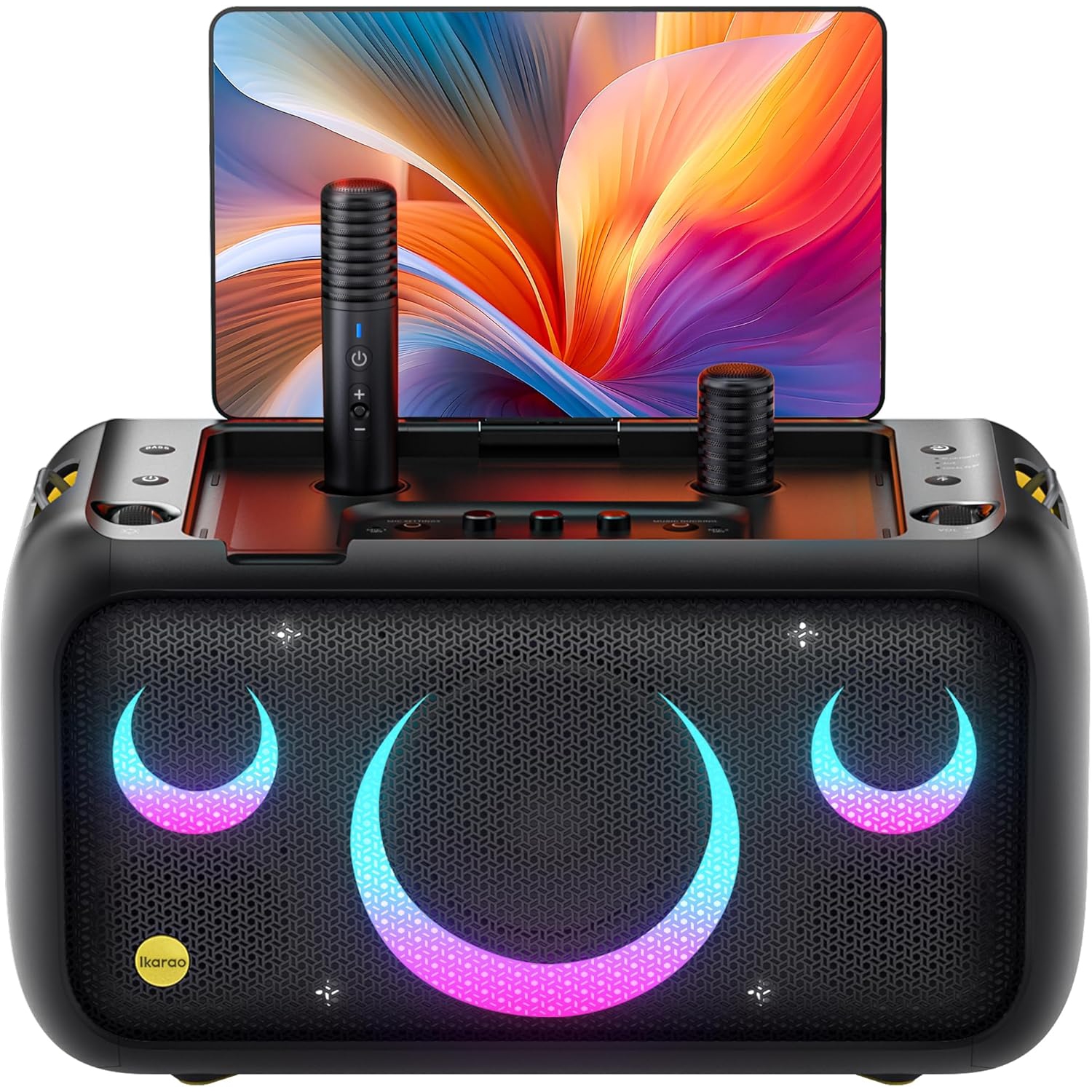Ikarao Portable Karaoke Machine w/ Lyrics Display 13.3" Screen 64GB Tablet, 4xDJ Lights, 460W Bluetooth Speaker & 2xHidden Wireless Self-Charging Mic