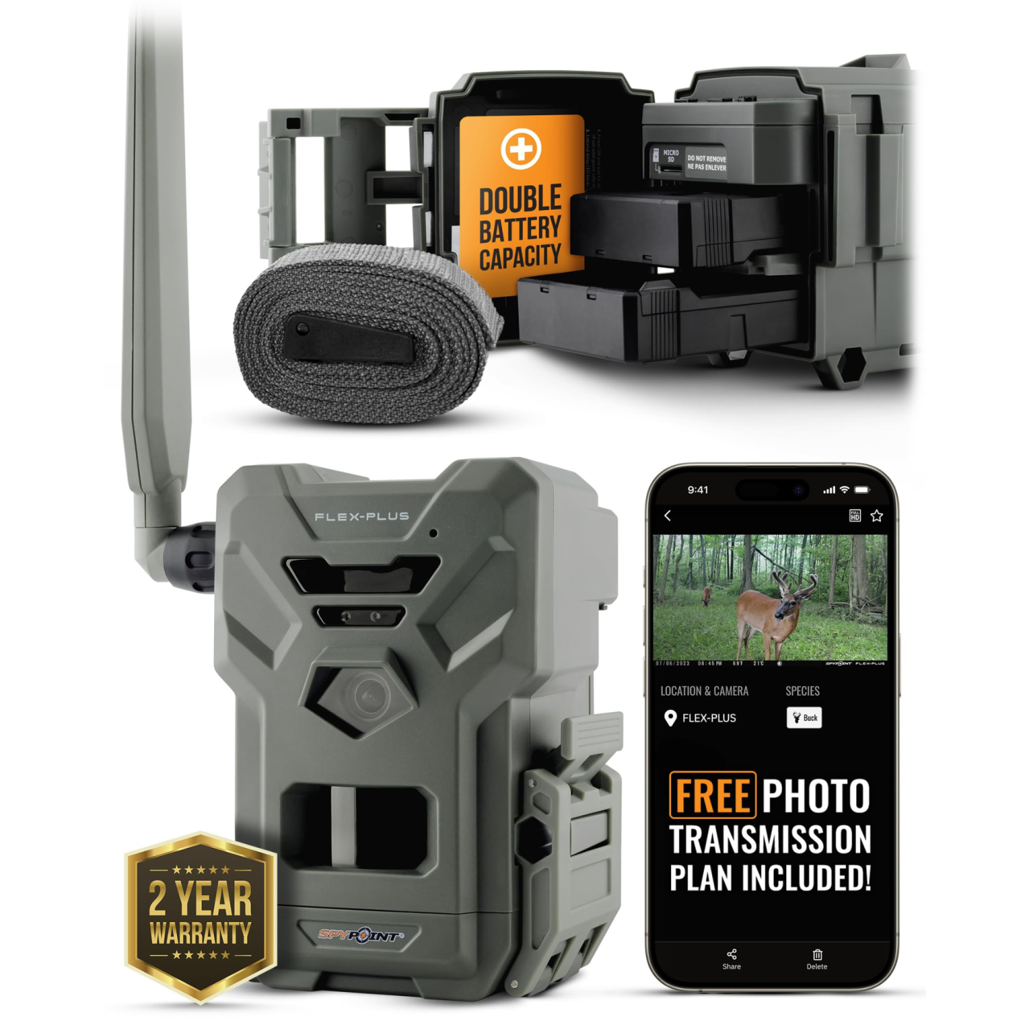 SPYPOINT FLEX-PLUS Cellular Trail Camera, 36MP Photos and 1080p Videos w/ Sound, Double the Battery Capacity, GPS-Enabled, 100' Flash & Detection