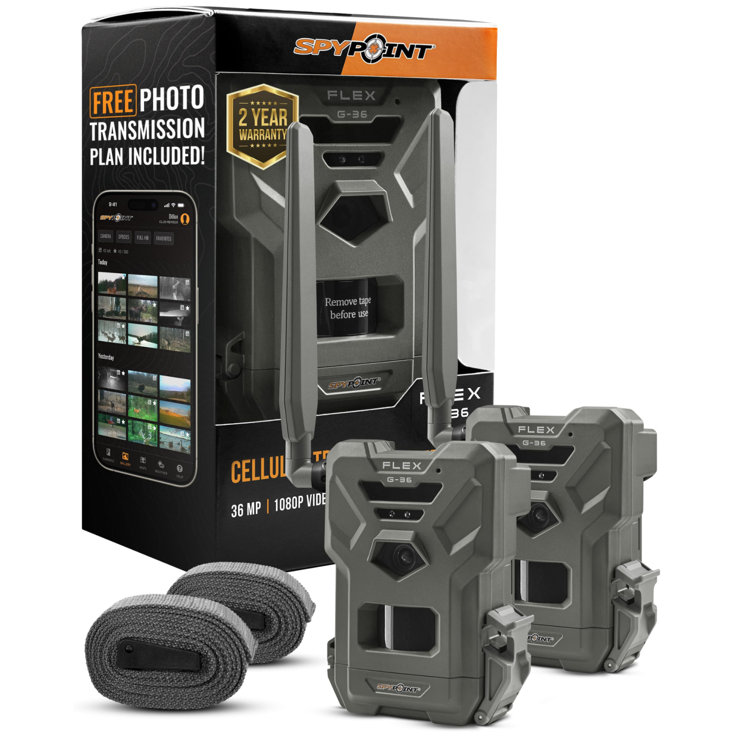 SPYPOINT Flex G-36 Twin Pack Cellular Trail Cameras – 36MP Photos, 1080p Video w/ Sound, GPS, LTE, 100ft Flash & Detection, Responsive 0.3s Trigger