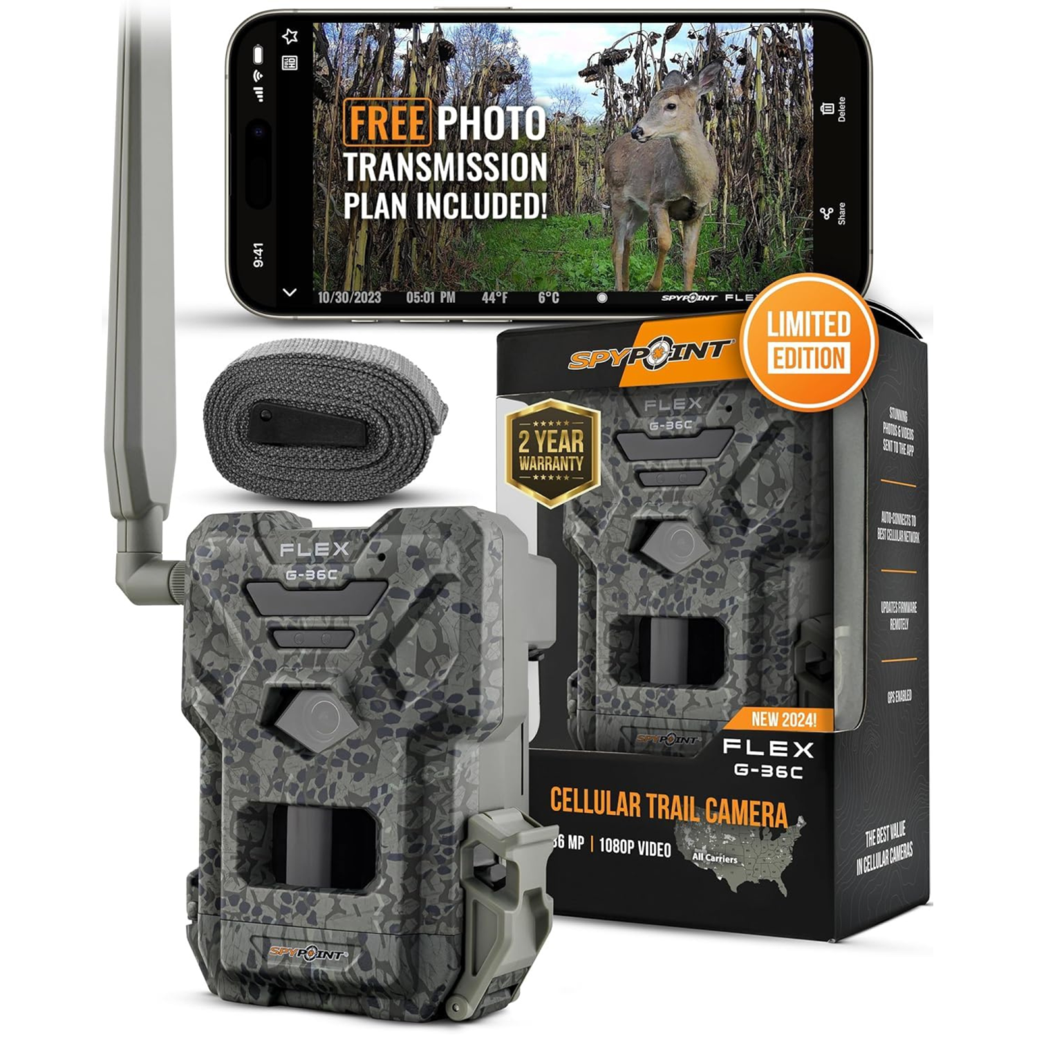 SPYPOINT FLEX G-36 Camo – Caméra de sentier cellulaire extérieure, vidéo 1080p avec son, 36 mégapixels, vitesse de déclenchement 0,3S, flash 100 et