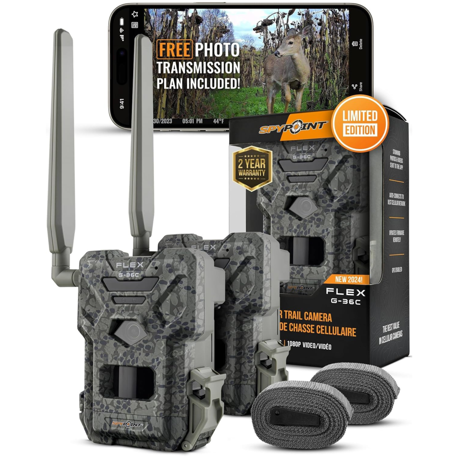 SPYPOINT Flex G-36-TWIN CAMO | Caméra de sentier cellulaire extérieure | Vidéo 1080p avec son, 36 mégapixels, vitesse de déclenchement 0,3S, flash