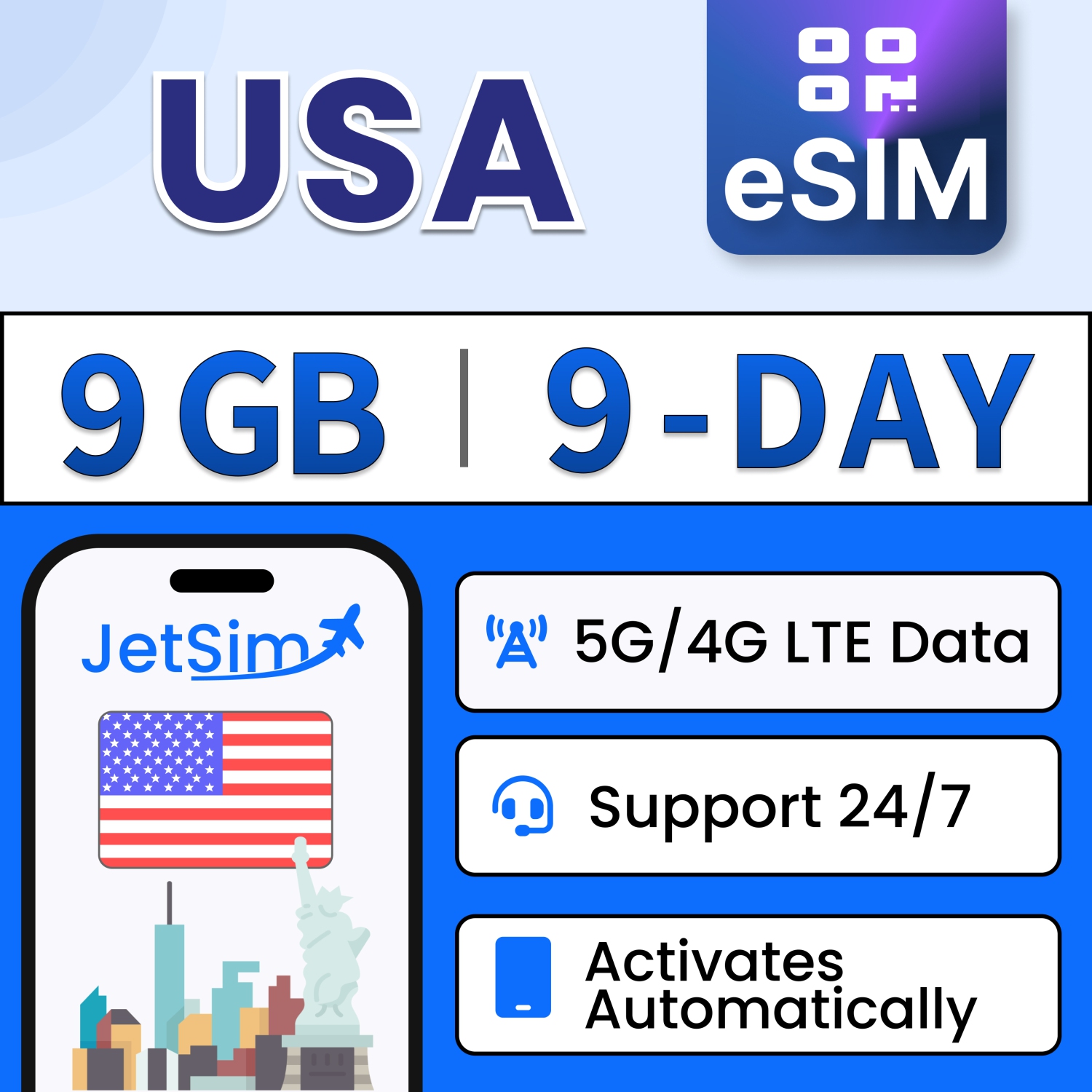 Code SIM JetSim USA, 9&nbsp;Go de données haute vitesse, aucune activation requise, utilise le réseau AT&T et une carte SIM de voyage numérique pour