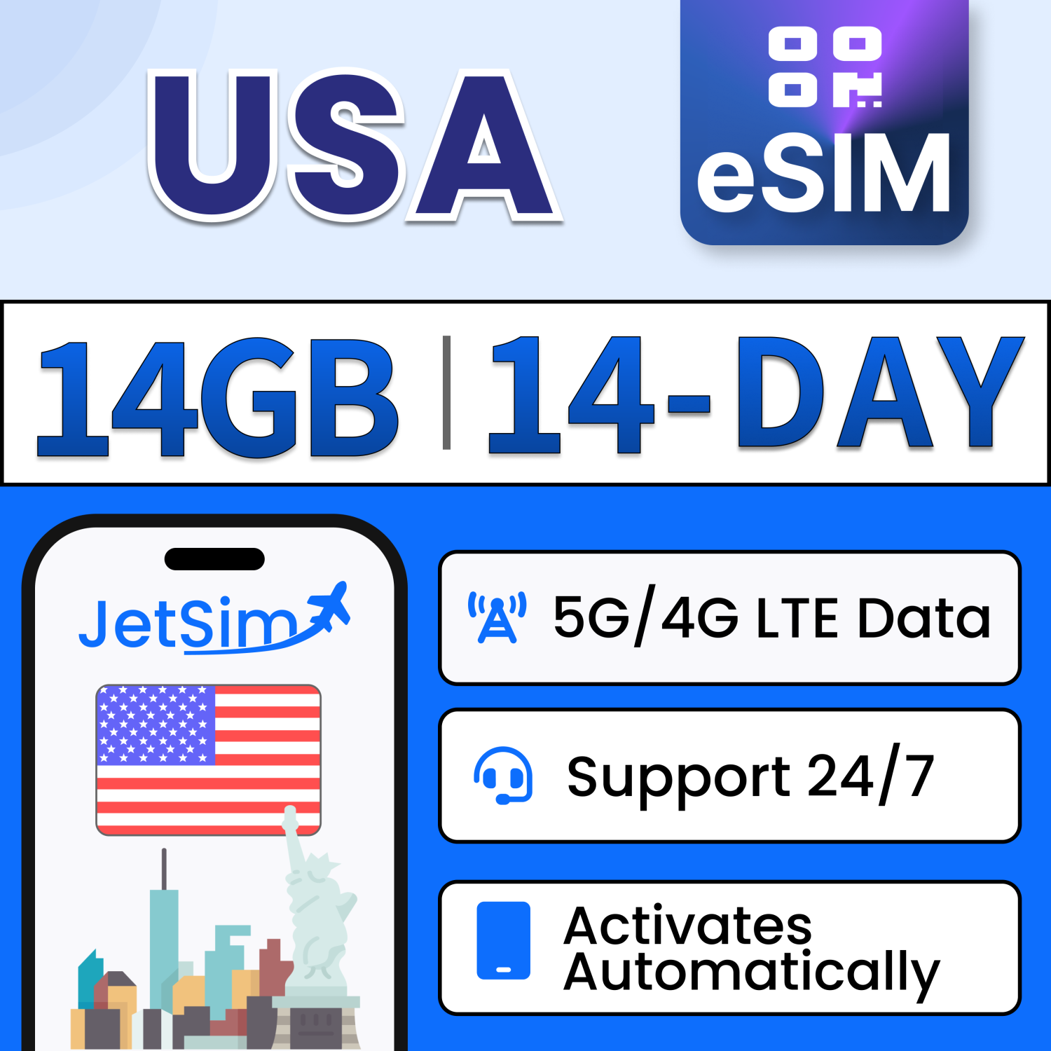 Code SIM JetSim USA, 14&nbsp;Go de données haute vitesse, aucune activation requise, utilise le réseau AT&T et une carte SIM de voyage numérique pour