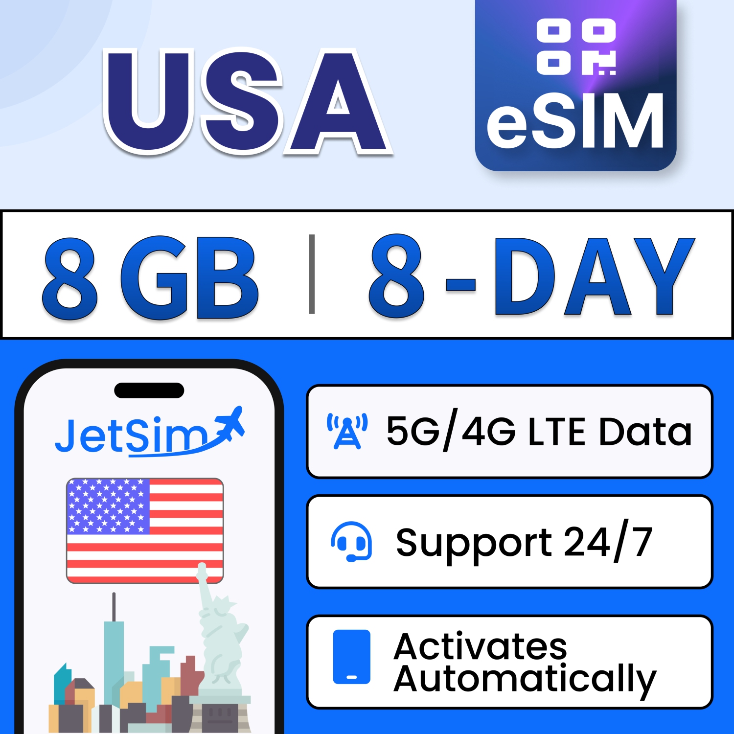 Code SIM JetSim USA, 8&nbsp;Go de données haute vitesse, aucune activation requise, utilise le réseau AT&T et une carte SIM de voyage numérique pour
