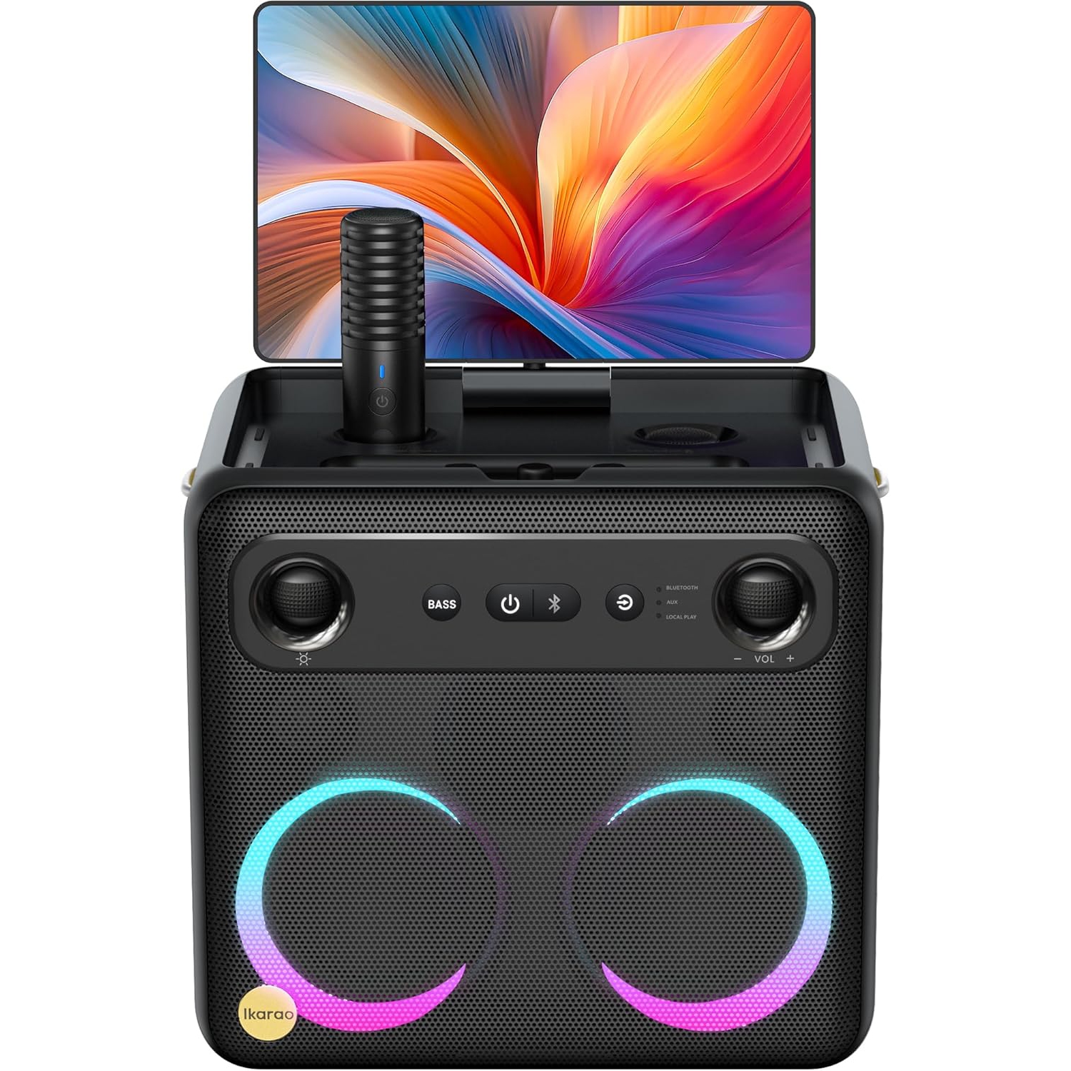 Ikarao Portable Karaoke Machine w/ Lyrics Display, 10.1" Screen 64GB Tablet, 4 DJ Lights, 300W Bluetooth Speaker & 2 Hidden Wireless Self-Charging Mic
