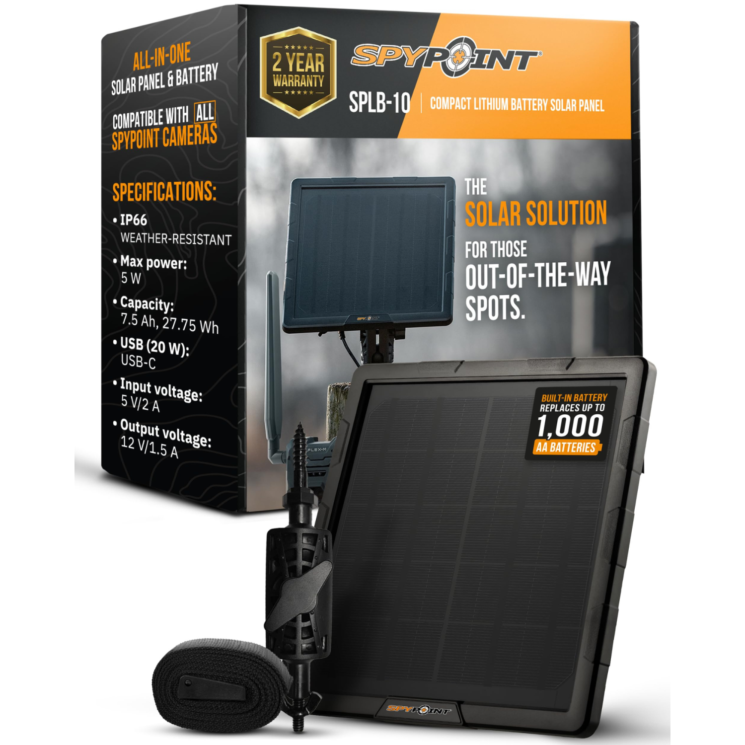 SPYPOINT Solar Panel SPLB-10 for Trail Cameras - Include an Internal Battery, 7500 mAh Battery Capacity, 12V Power Outlet, IP66 Waterproof,