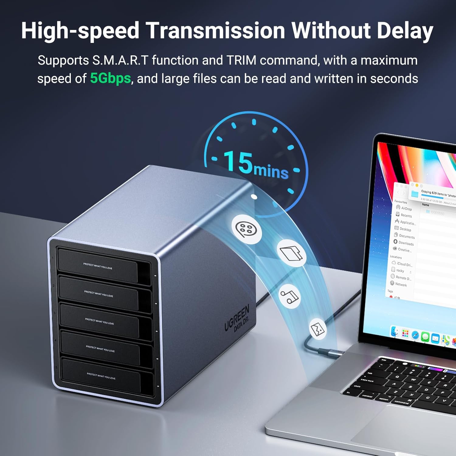 UGREEN 5 Bay USB C RAID Hard Drive Enclosure 100TB for 3.5 2.5 Inch SSD HDD, Disk Array Support RAID0 RAID1 RAID10 RAID3 RAID5 Clone PM Large Mode-