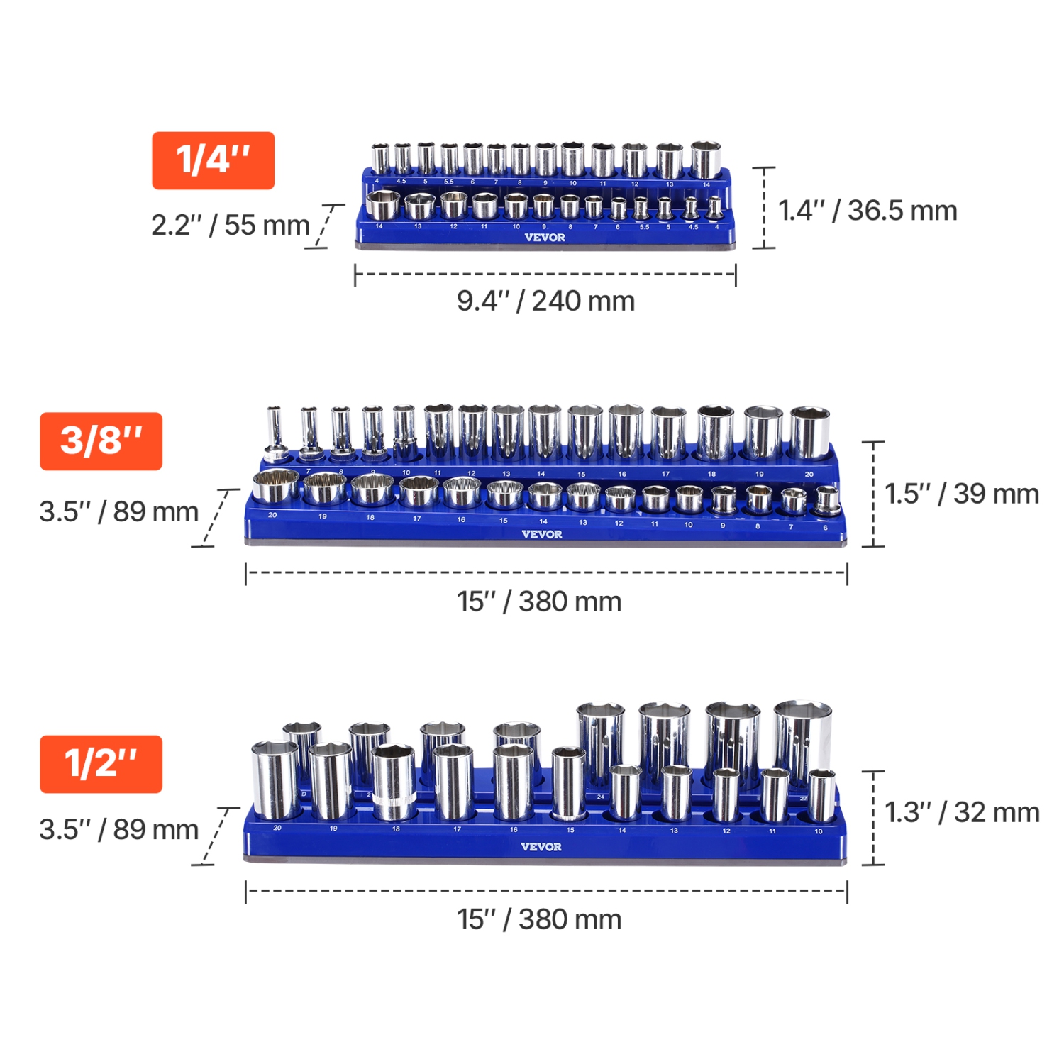 VEVOR 6PCS Magnetic Socket Organizer Set, 1/4'',3/8'' & 1/2'' Metric SAE Socket Trays with Clear Labels,Hold up to 143PCS Standard & Deep