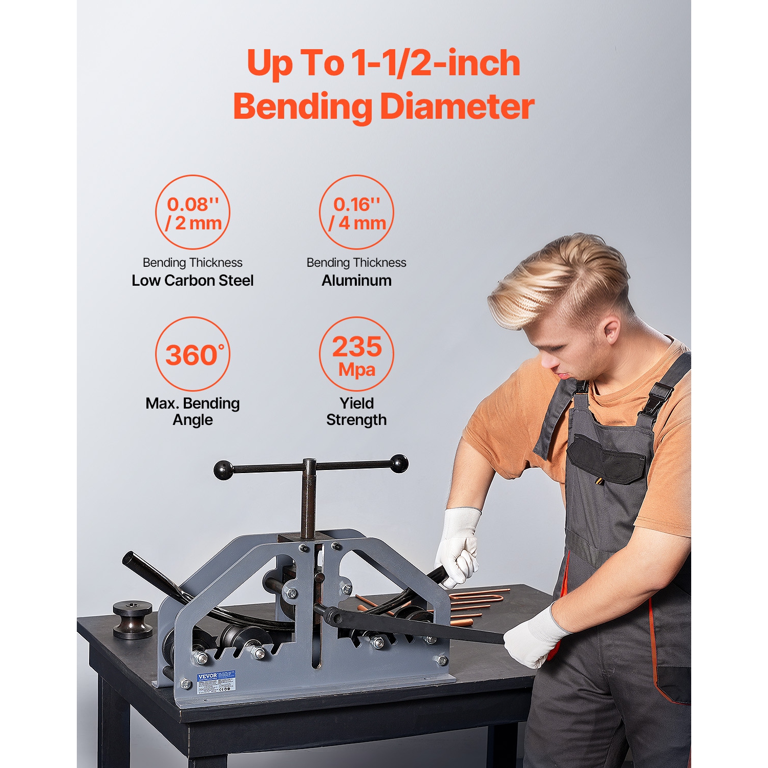 VEVOR 1-1/2" Manual Tube Pipe Roller Bender with 6 Dies, 360° Copper Aluminum Pipe Bending Tool for Square, Round Tube & Flat Bar, Ideal for HVAC Air