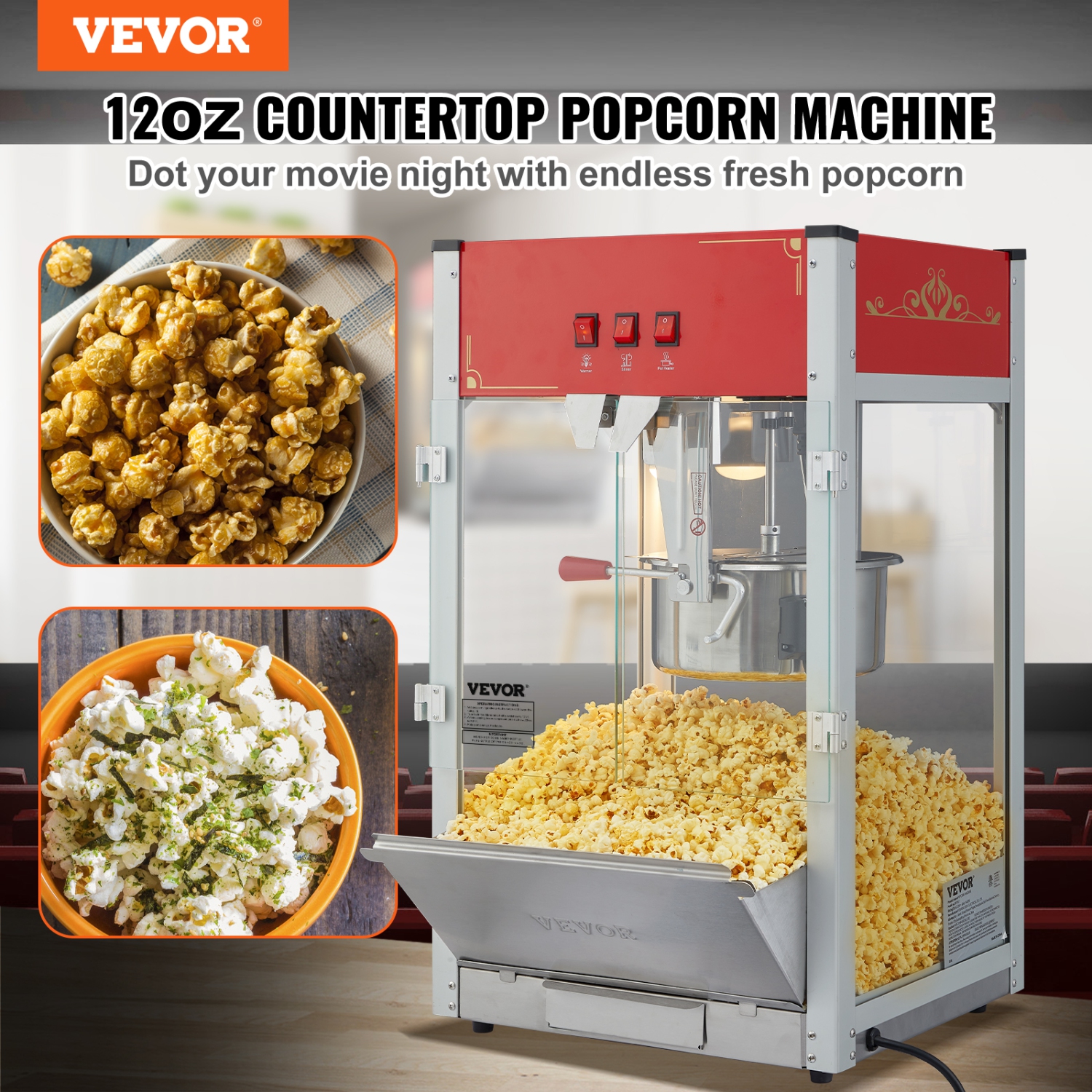 VEVOR 1440W Popcorn Maker, 12 Oz Kettle Makes 80 Cups per Batch, Countertop Popcorn Maker with Tempered Glass, 3 Stainless Steel Scoops, Movie