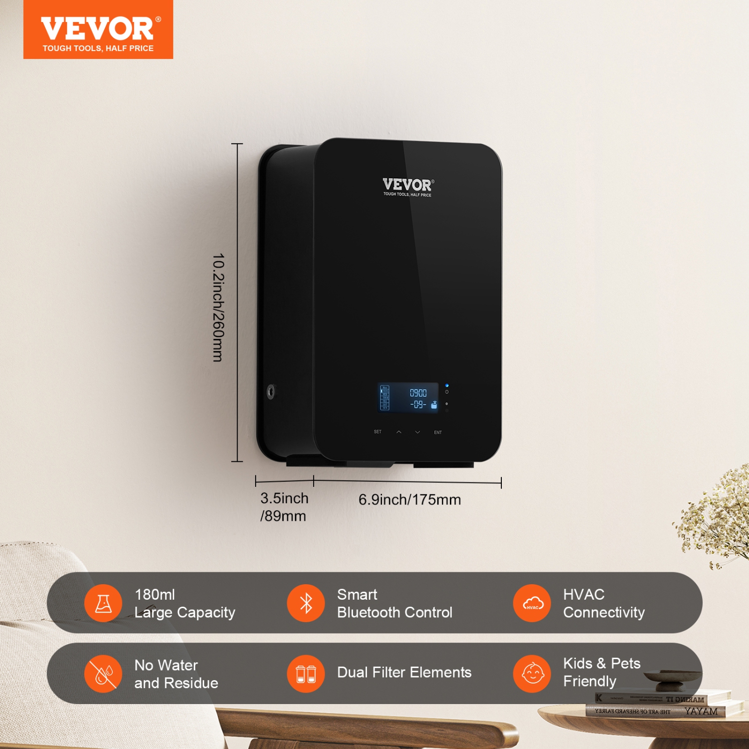 VEVOR 180ml Scent Air Machine, Bluetooth Smart Essential Oil Diffuser, 2000sq. ft Waterless HVAC Scent Diffuser with Cold Air Technology,