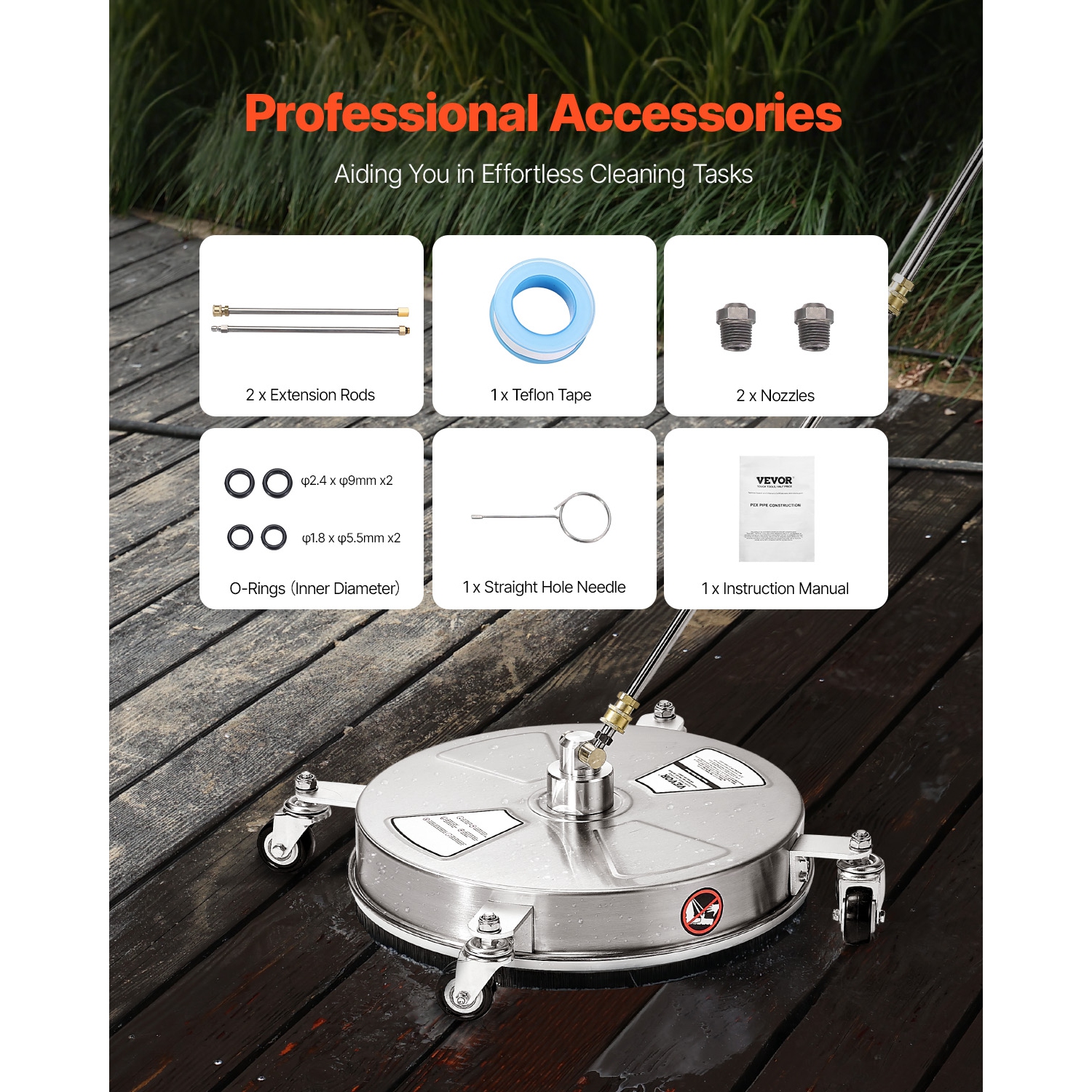 VEVOR 16.5" Surface Cleaner, Stainless Steel Pressure Washer Attachments with 4 Wheels,4000 Max PSI,1/4 Quick Connector,2 Spray Nozzles, 2 Extended