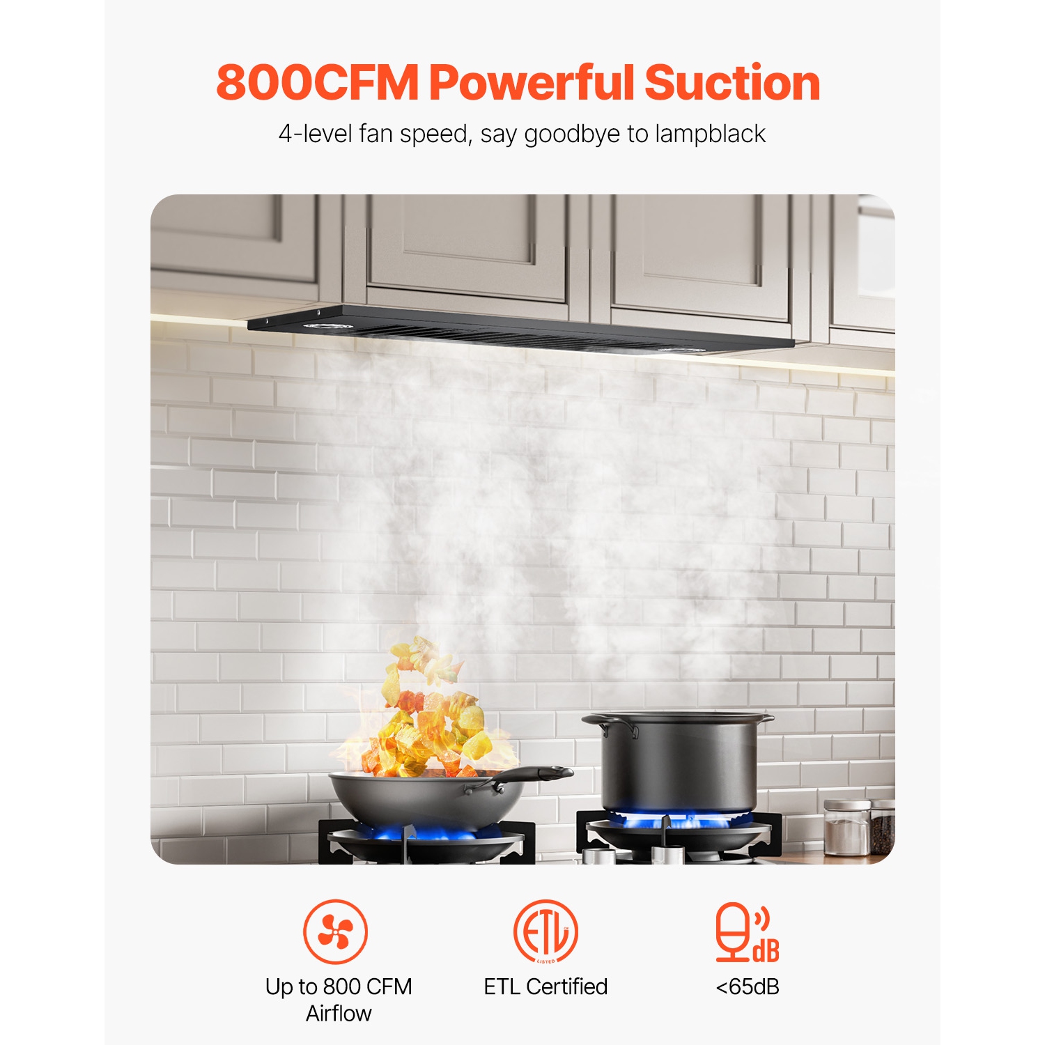 VEVOR 30 inches Built-in Range Hood Insert, 800CFM Steel, Gesture & Touch Control, LED Light, Baffle Filters, 4-Speed Fan, Ducted/Ductless