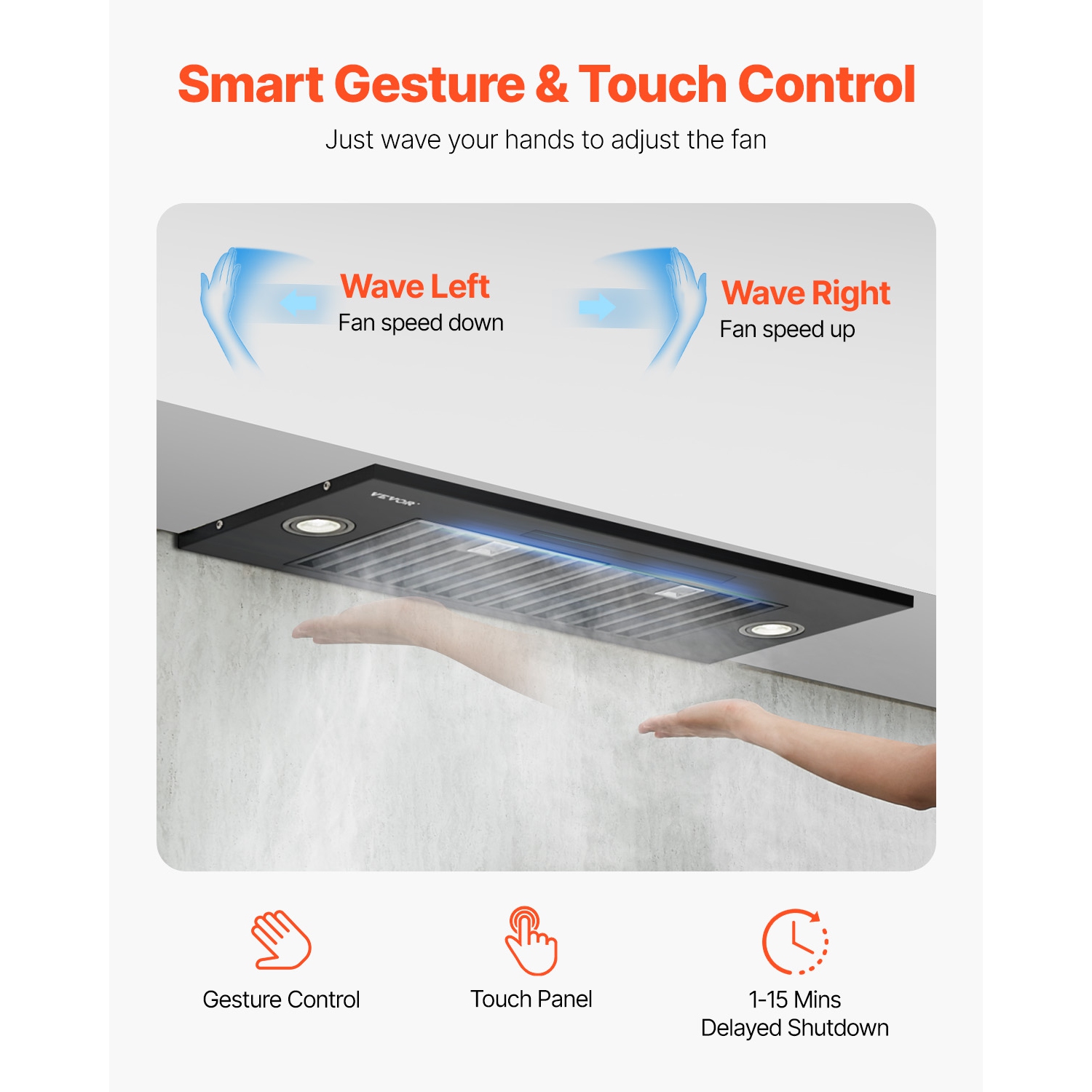 VEVOR 30 inches Built-in Range Hood Insert, 800CFM Steel, Gesture & Touch Control, LED Light, Baffle Filters, 4-Speed Fan, Ducted/Ductless