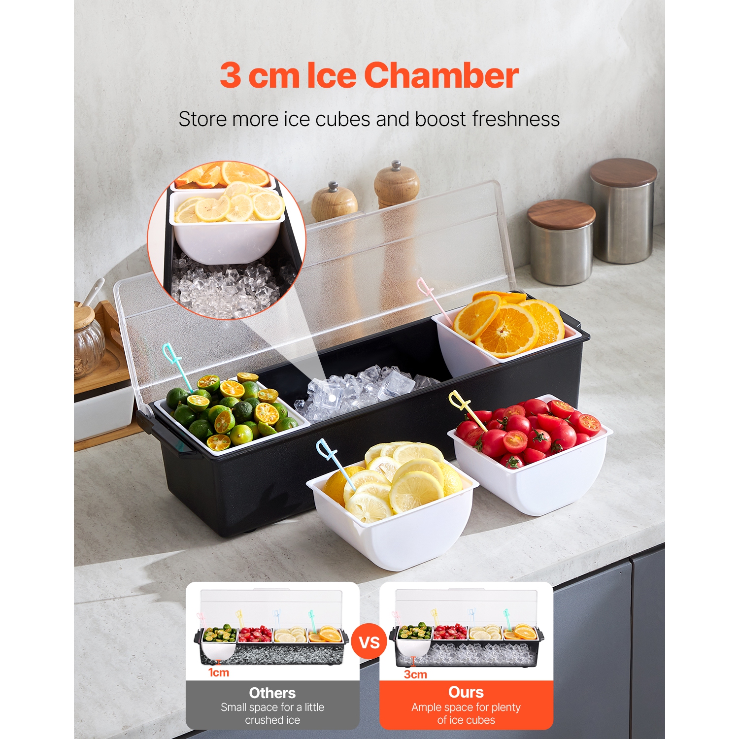 VEVOR 4 Compartment Chilled Condiment Server, Chilled Garnish Tray Bar Caddy with Lid, for Bartending & Serving Taco, Salad, Fruit, Home & Restaurant