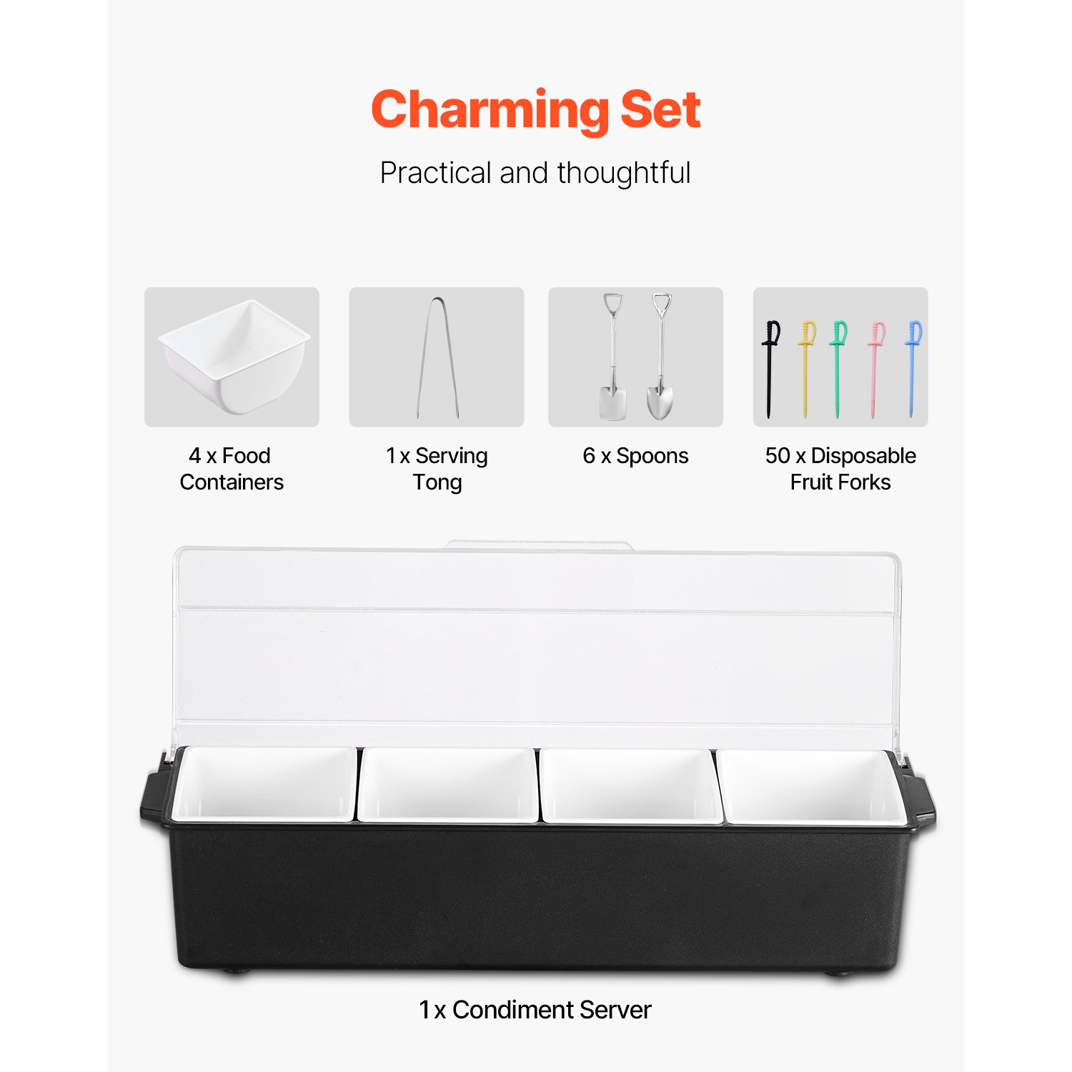 VEVOR 4 Compartment Chilled Condiment Server, Chilled Garnish Tray Bar Caddy with Lid, for Bartending & Serving Taco, Salad, Fruit, Home & Restaurant