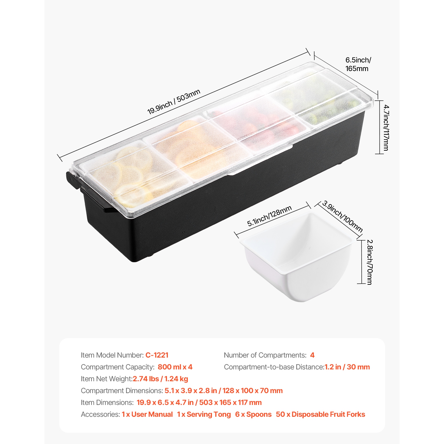 VEVOR 4 Compartment Chilled Condiment Server, Chilled Garnish Tray Bar Caddy with Lid, for Bartending & Serving Taco, Salad, Fruit, Home & Restaurant