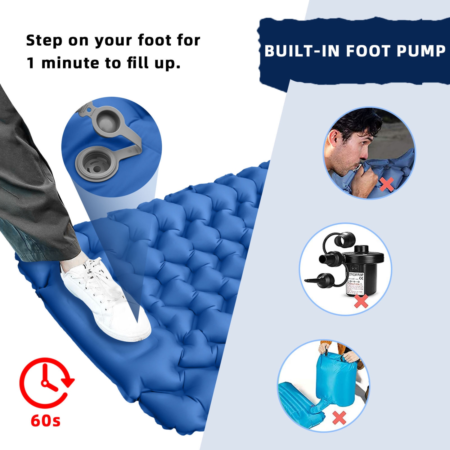 Coussin de couchage simple pour le camping avec pompe à pied intégrée et oreiller pour le camping et la randonnée à l'extérieur