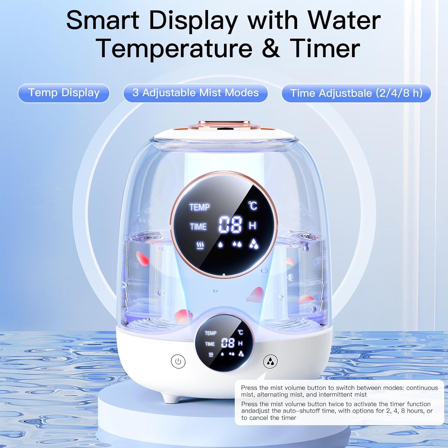 Humidificateurs pour chambre à coucher, humidificateur pour petite maison avec réservoir 3&nbsp;L, deux buses, lampes LED, minuterie intelligente,