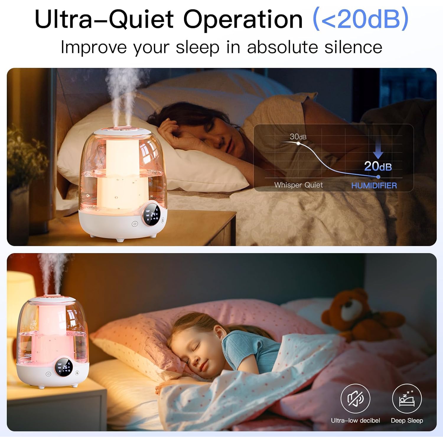 Humidificateurs pour chambre à coucher, humidificateur pour petite maison avec réservoir 3&nbsp;L, deux buses, lampes LED, minuterie intelligente,