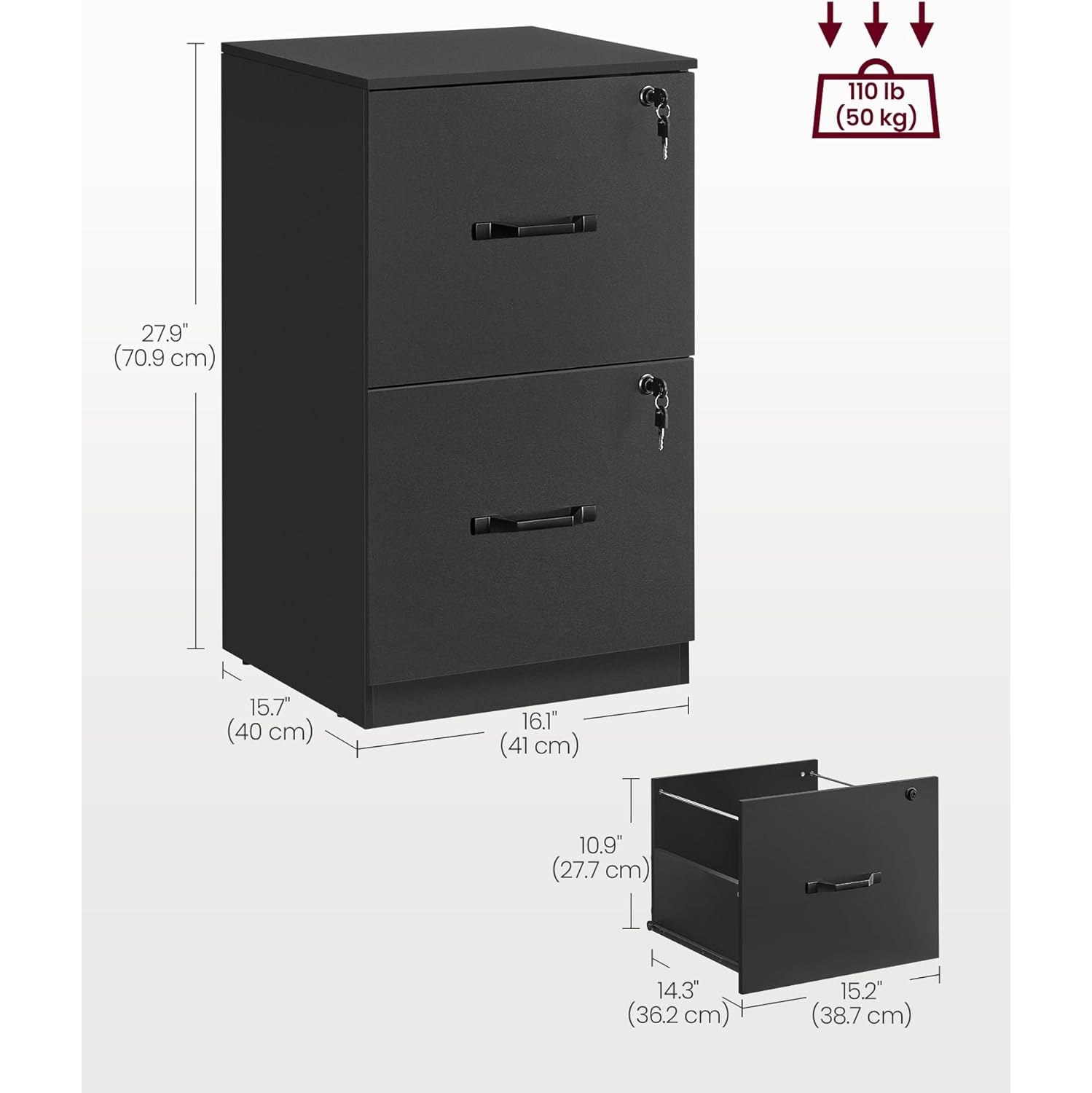 VASAGLE 2-Drawer File Cabinet with Lock – Printer Stand & Office Organizer for A4 & Letter Documents, Ink Black