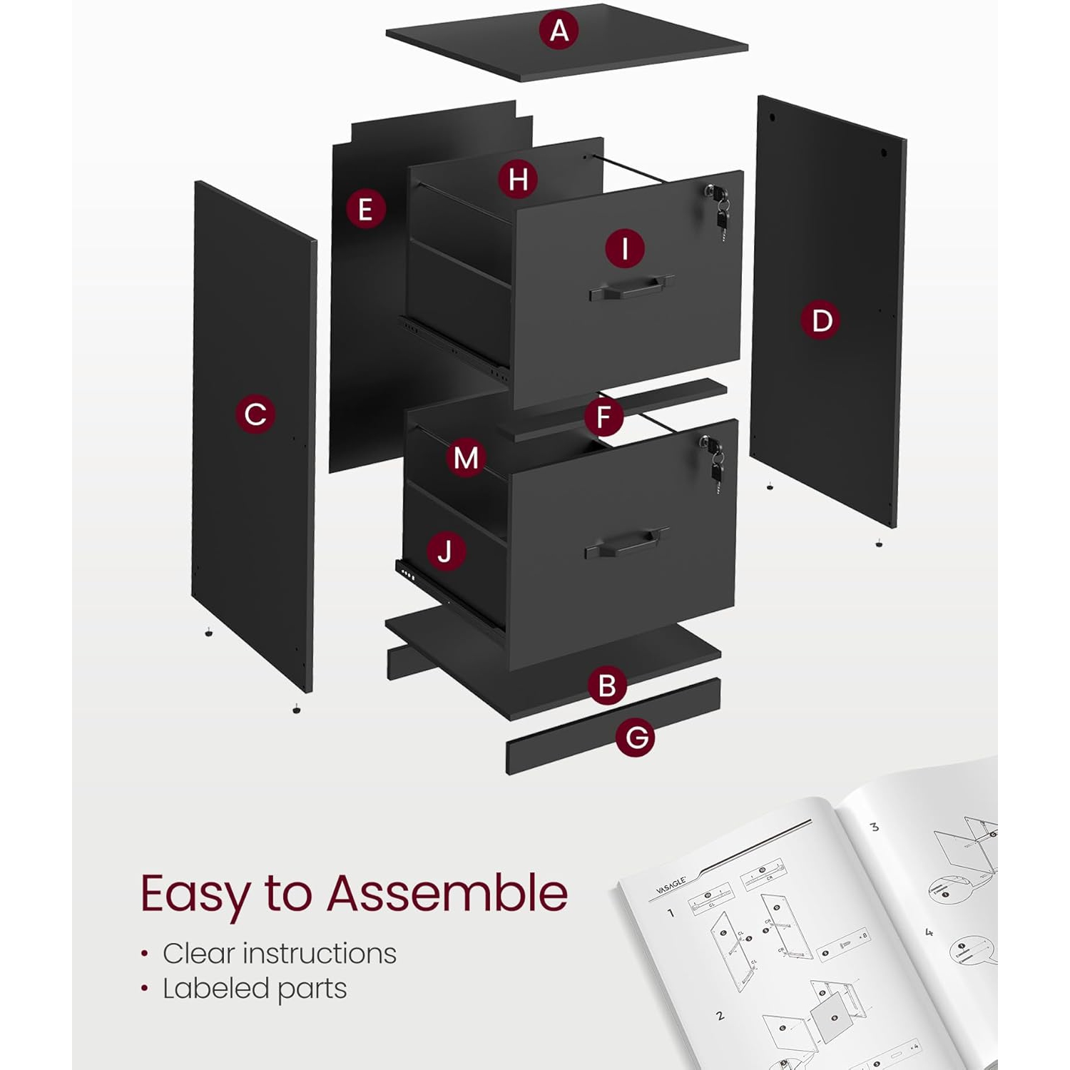 VASAGLE 2-Drawer File Cabinet with Lock – Printer Stand & Office Organizer for A4 & Letter Documents, Ink Black