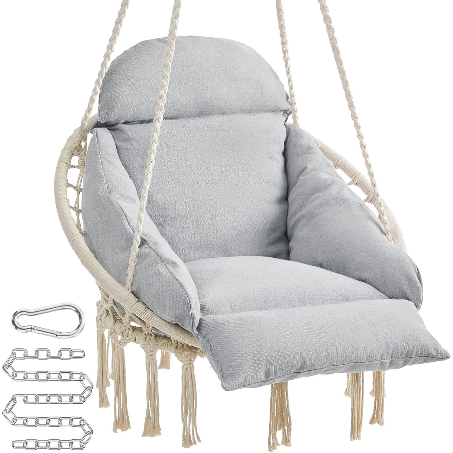 SONGMICS HOME Hammock Chair with Large, Thick Cushion, Holds up to 264 lb, Cloud White and Gray