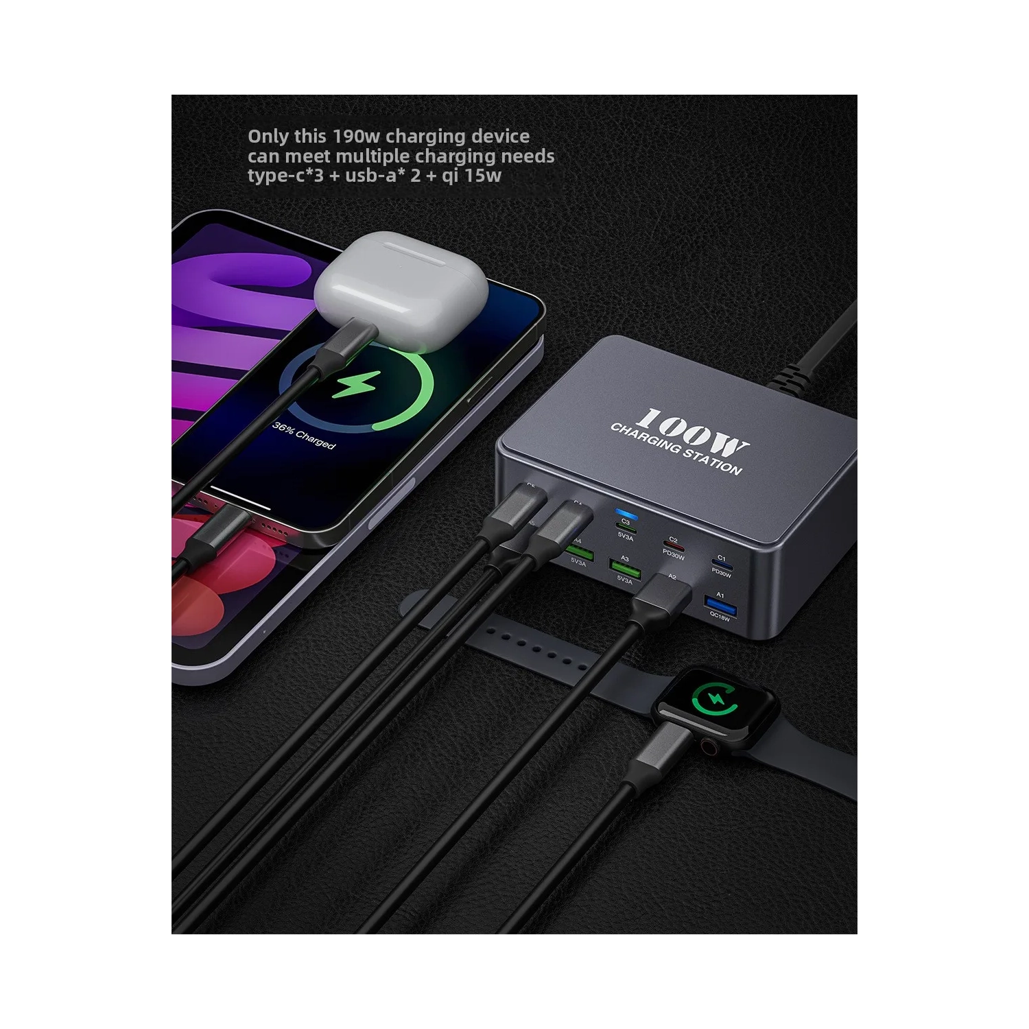 Multi-port PD, USB charging stand, travel studio 100W charging head, fast charging power strip mobile phone fast charger - gray