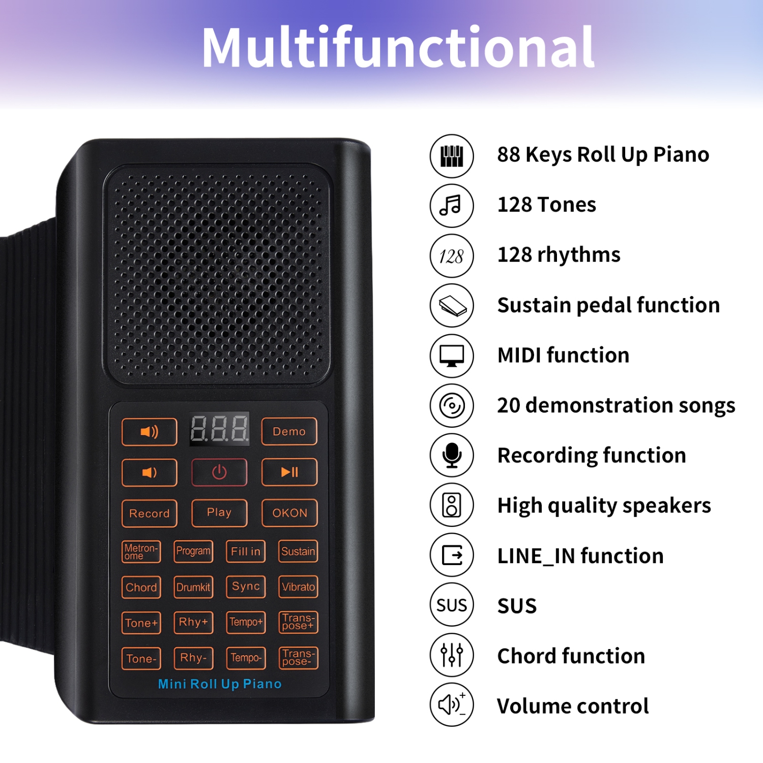 Piano à 61 touches, piano électronique multifonction portatif intelligent avec 128 tonalités uniques et haut-parleur intégré pour les débutants et