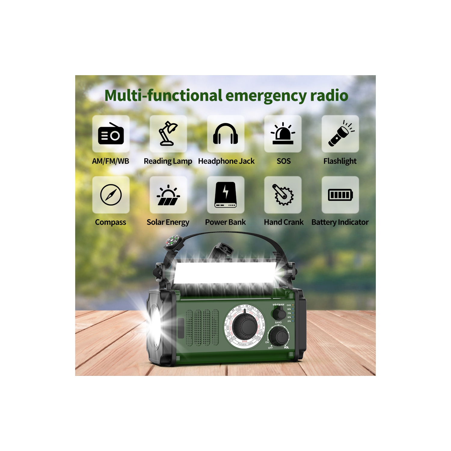 Outdoor Emergency Rechargeable Radio, Multi-function Flashlight, 10000mAh Disaster Prevention SOS Solar Hand Crank Radio, Jack Radio