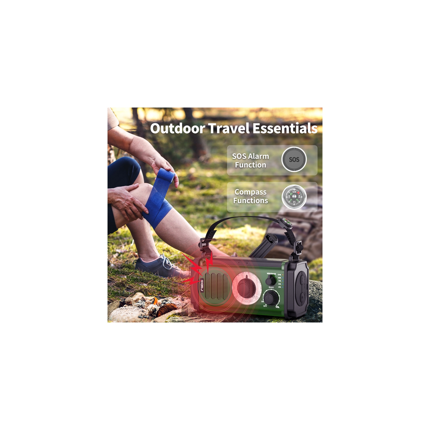 Outdoor Emergency Rechargeable Radio, Multi-function Flashlight, 10000mAh Disaster Prevention SOS Solar Hand Crank Radio, Jack Radio