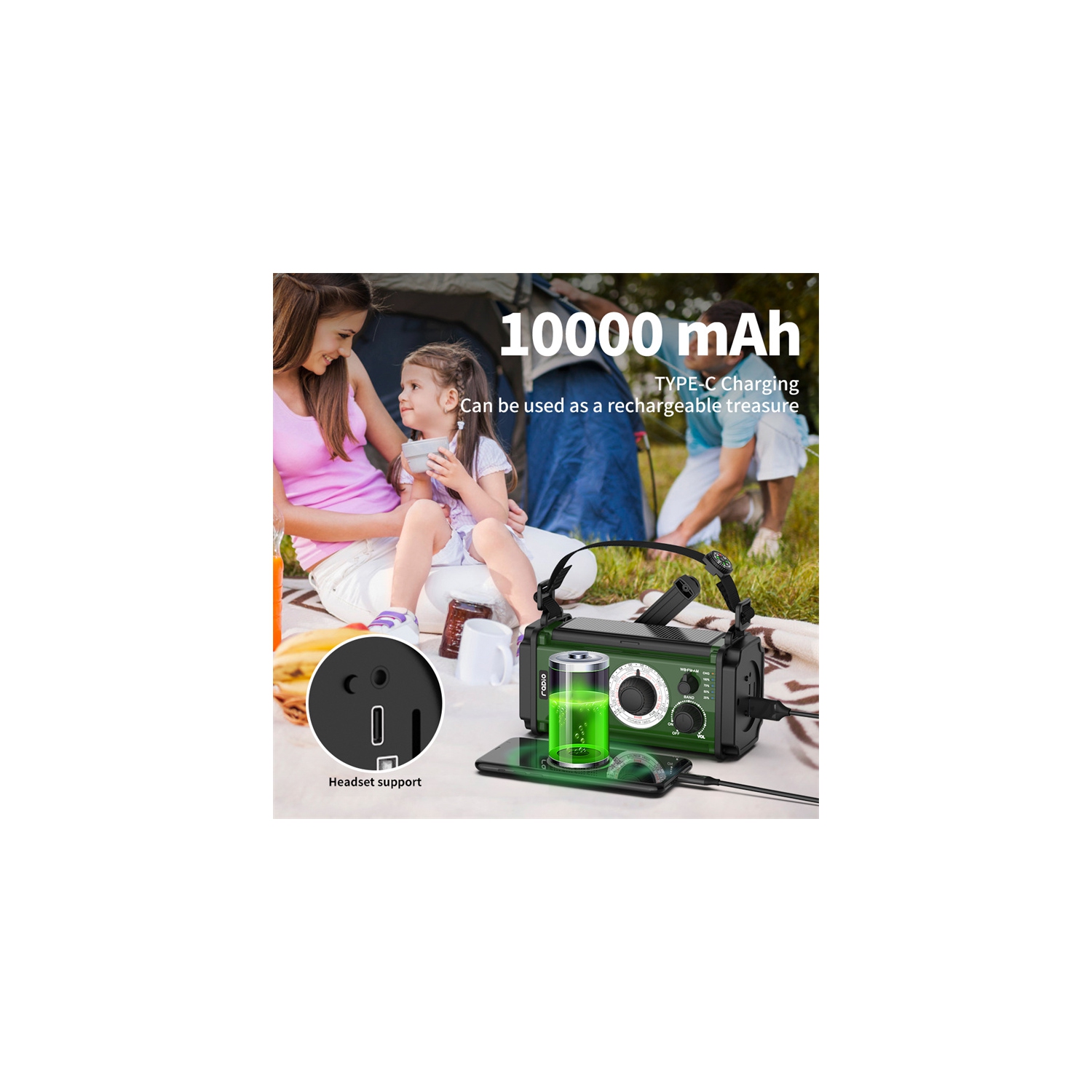 Outdoor Emergency Rechargeable Radio, Multi-function Flashlight, 10000mAh Disaster Prevention SOS Solar Hand Crank Radio, Jack Radio