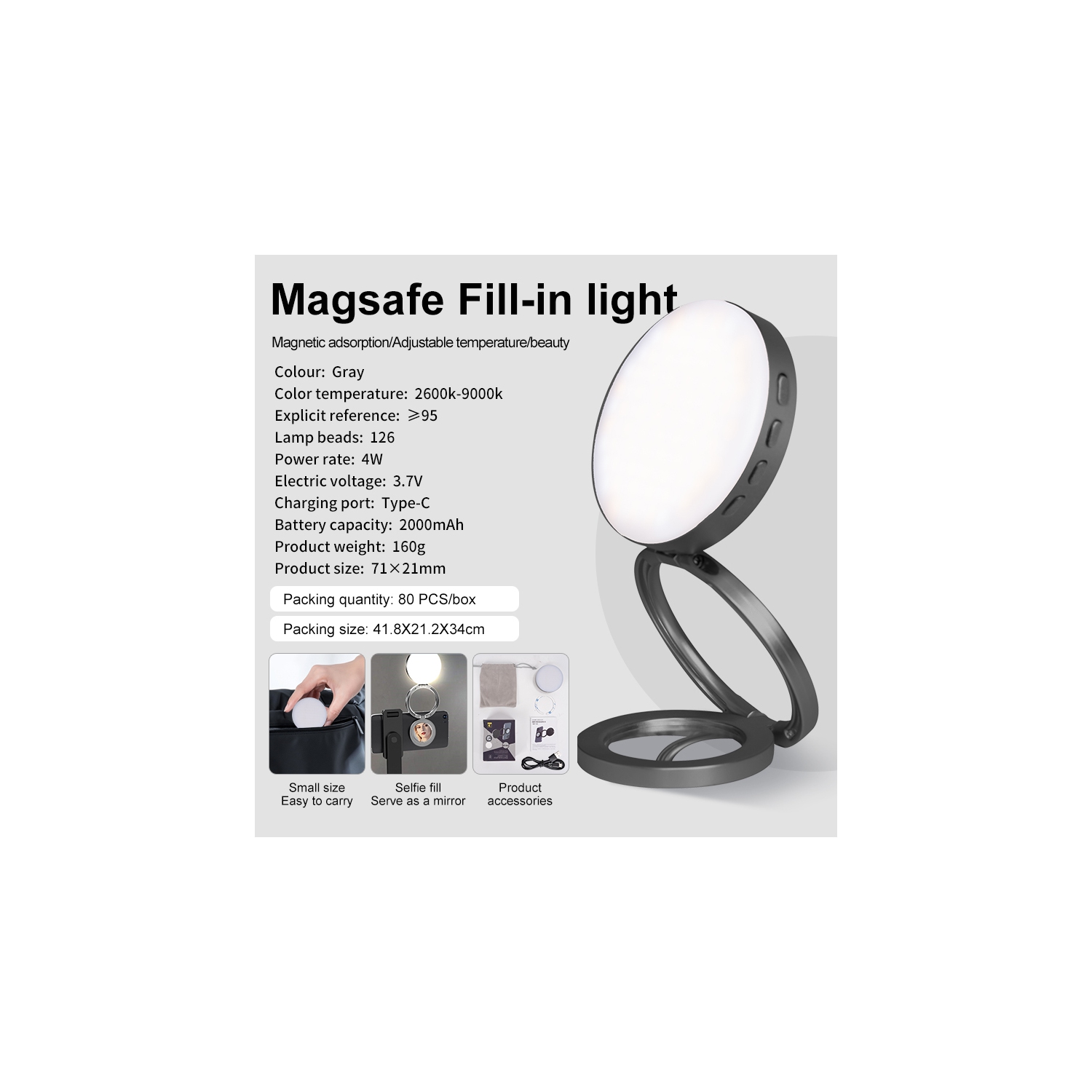 Portable magnetic fill light, desktop makeup mirror, handheld outdoor shooting mobile phone lighting, live beauty pocket light - rose gold metal