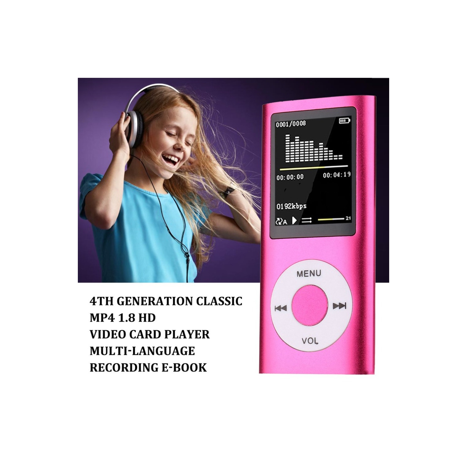 La quatrième génération de carte classique mp4, 1.8&nbsp;po vidéo mp4 haute définition lecteur e-book mp3 étudiant Walkman mp3, noir-8G